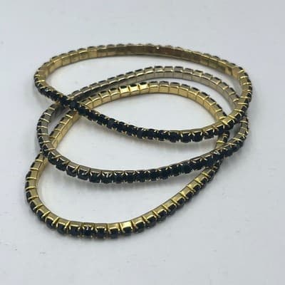 Vintage Black Rhinestone Stretch Bracelet Lot Gold Silver Tone Stackable Jewelry - Image 1