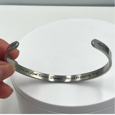 VTG Inspirational Silver Cuff Bracelet "You are Loved Beautiful" Engraved Gift - Thumbnail 3