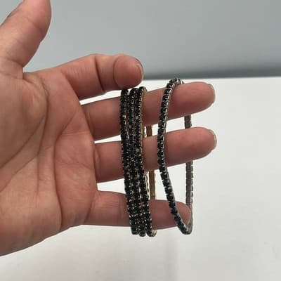 Vintage Black Rhinestone Stretch Bracelet Lot Gold Silver Tone Stackable Jewelry - Thumbnail 3
