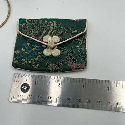 Vintage Green Silk Brocade Jewelry Pouch Asian Floral Landscape Frog Closure Bag - Thumbnail 6