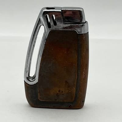 VTG Mid-Century Butane Pocket Lighter Wood Grain Chrome Finish Retro Rare Art - Thumbnail 3