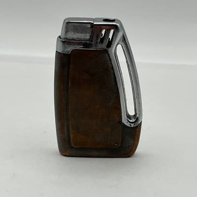 VTG Mid-Century Butane Pocket Lighter Wood Grain Chrome Finish Retro Rare Art - Thumbnail 4