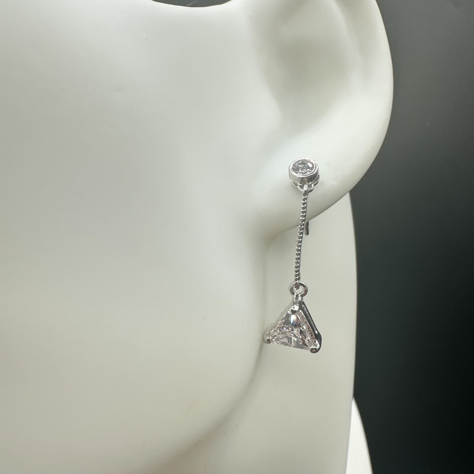 Vintage Silver Tone Drop Earrings Triangle Clear CZ Dangle Minimalist Elegant - Thumbnail 2