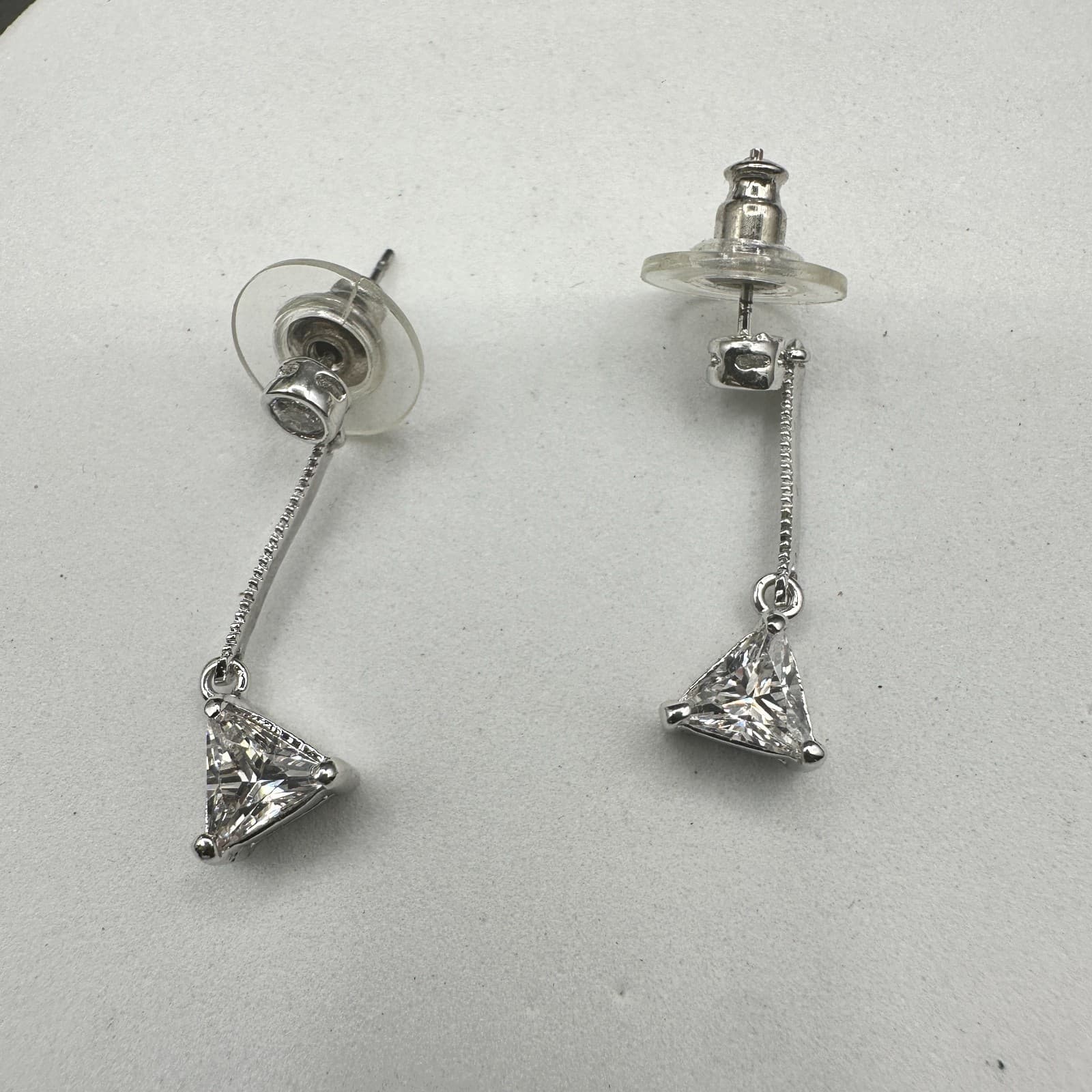 Vintage Silver Tone Drop Earrings Triangle Clear CZ Dangle Minimalist Elegant - Thumbnail 10