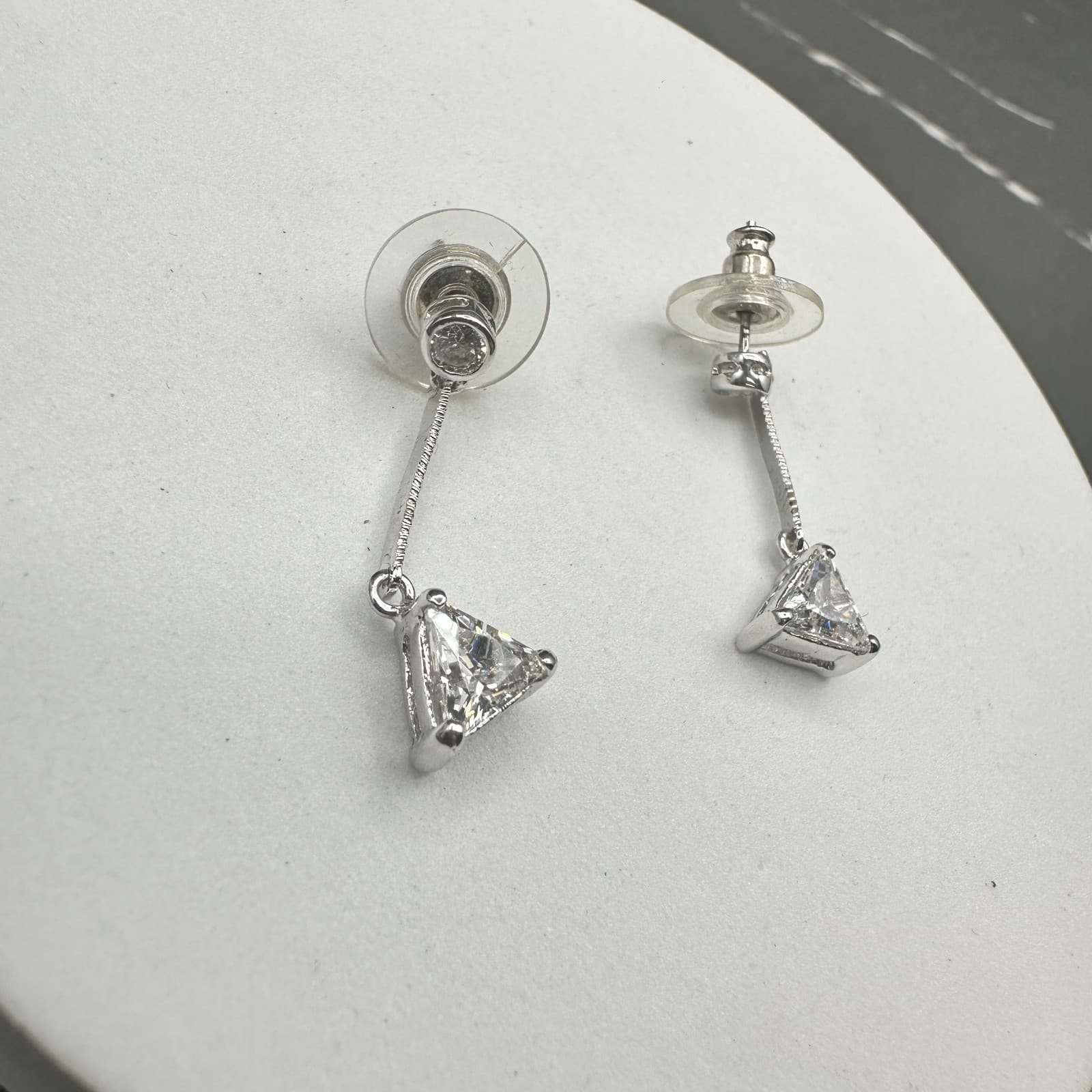 Vintage Silver Tone Drop Earrings Triangle Clear CZ Dangle Minimalist Elegant - Thumbnail 9