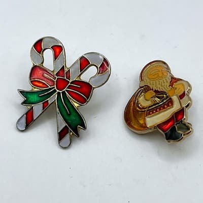 Brooch Pin Set Vintage Christmas Santa Claus Candy Cane Gold Tone Enamel Holiday - Image 1