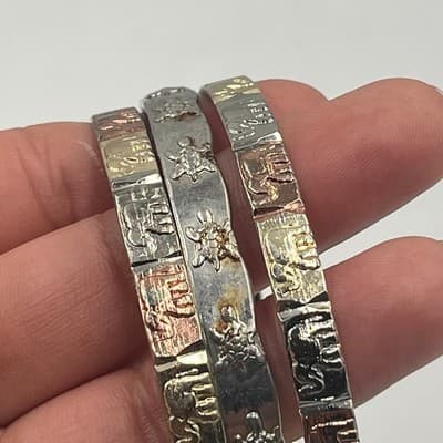 Vintage Tri-Tone Bangle Bracelet Set 3pc Elephant & Turtle Animal Motif Jewelry - Thumbnail 5