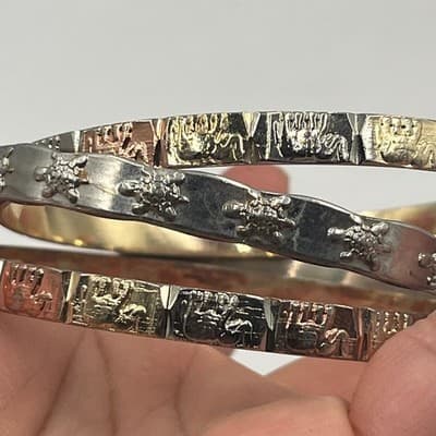 Vintage Tri-Tone Bangle Bracelet Set 3pc Elephant & Turtle Animal Motif Jewelry - Thumbnail 6