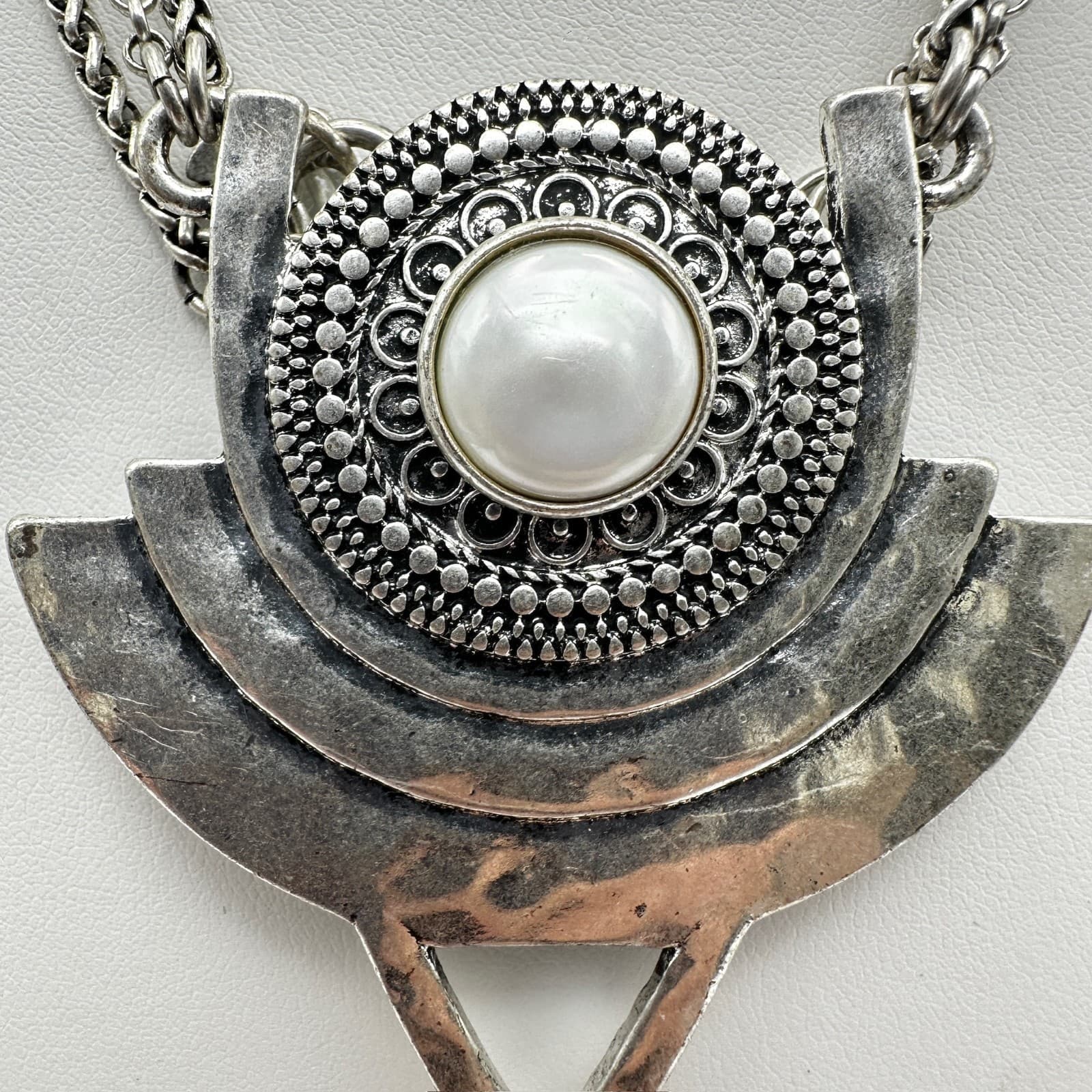 Vintage 90s Silver Tone Multi-Chain Faux Pearl Pendant Necklace Boho Statement - Thumbnail 3