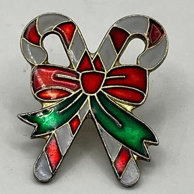 Brooch Pin Set Vintage Christmas Santa Claus Candy Cane Gold Tone Enamel Holiday - Thumbnail 7