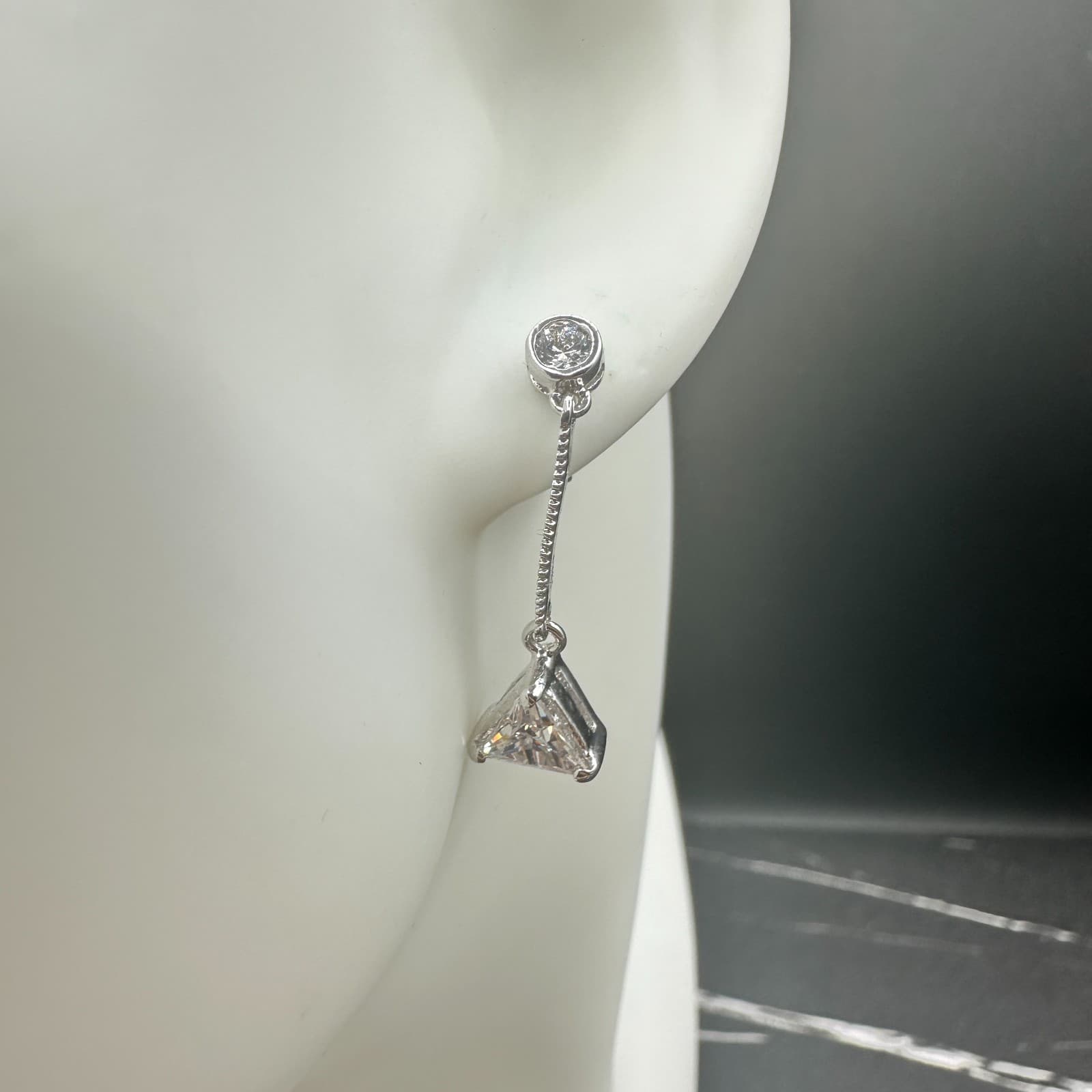 Vintage Silver Tone Drop Earrings Triangle Clear CZ Dangle Minimalist Elegant - Thumbnail 6
