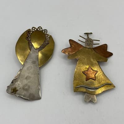 VTG Artisan Mixed Metal Angel Brooch Pin Lot 2 Brass Silver Copper Handmade Star - Thumbnail 2