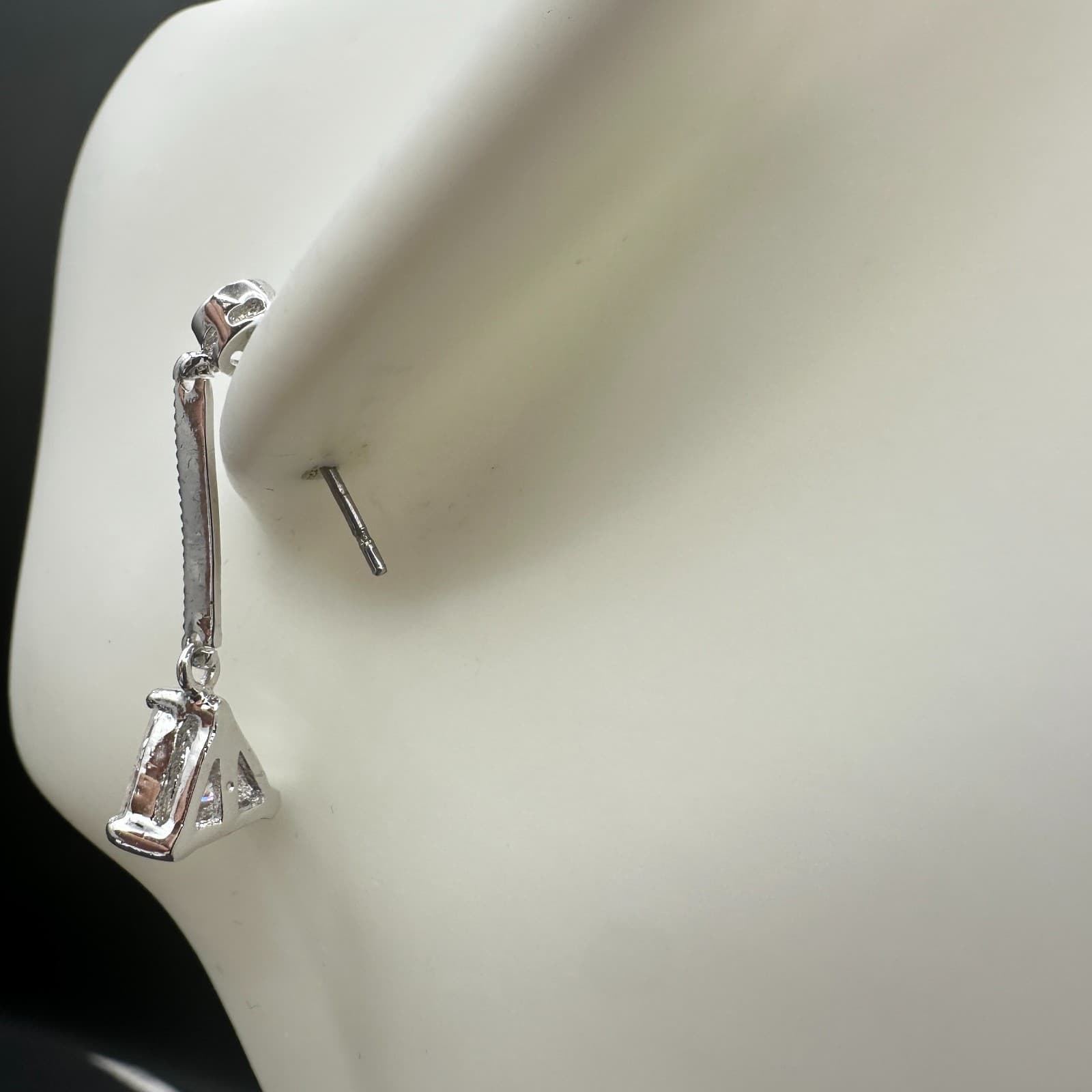 Vintage Silver Tone Drop Earrings Triangle Clear CZ Dangle Minimalist Elegant - Thumbnail 5