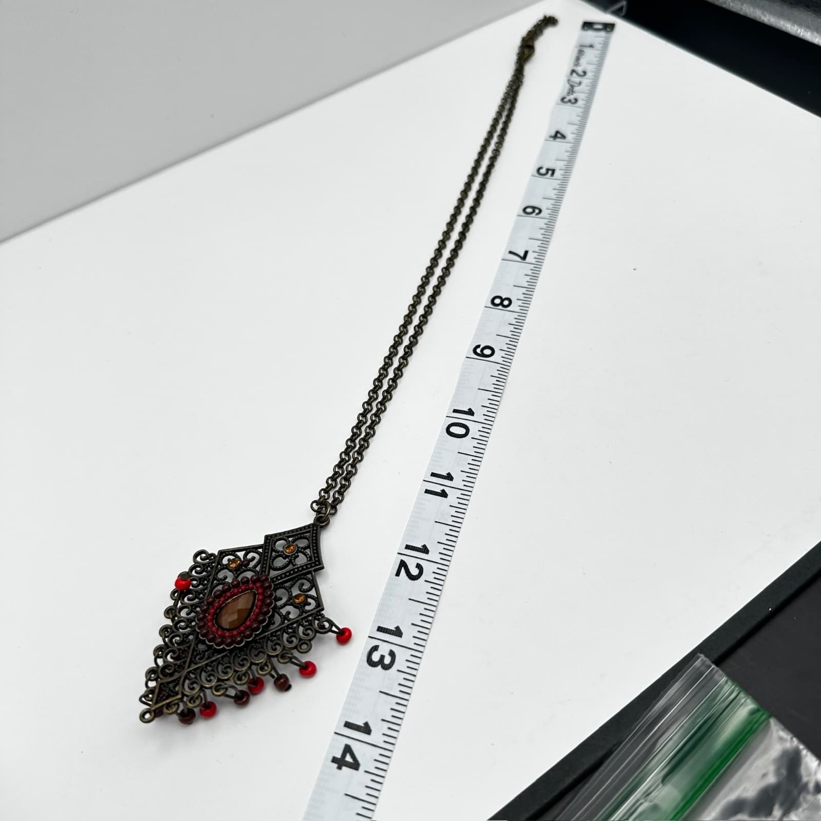 Vintage 90s Bronze Filigree Pendant Beads Necklace Rhinestone Women's Jewelry - Thumbnail 14