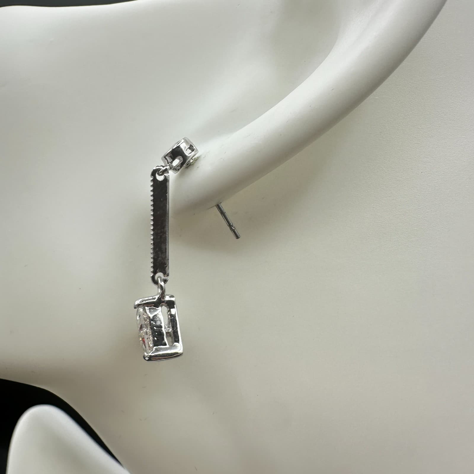 Vintage Silver Tone Drop Earrings Triangle Clear CZ Dangle Minimalist Elegant - Thumbnail 4