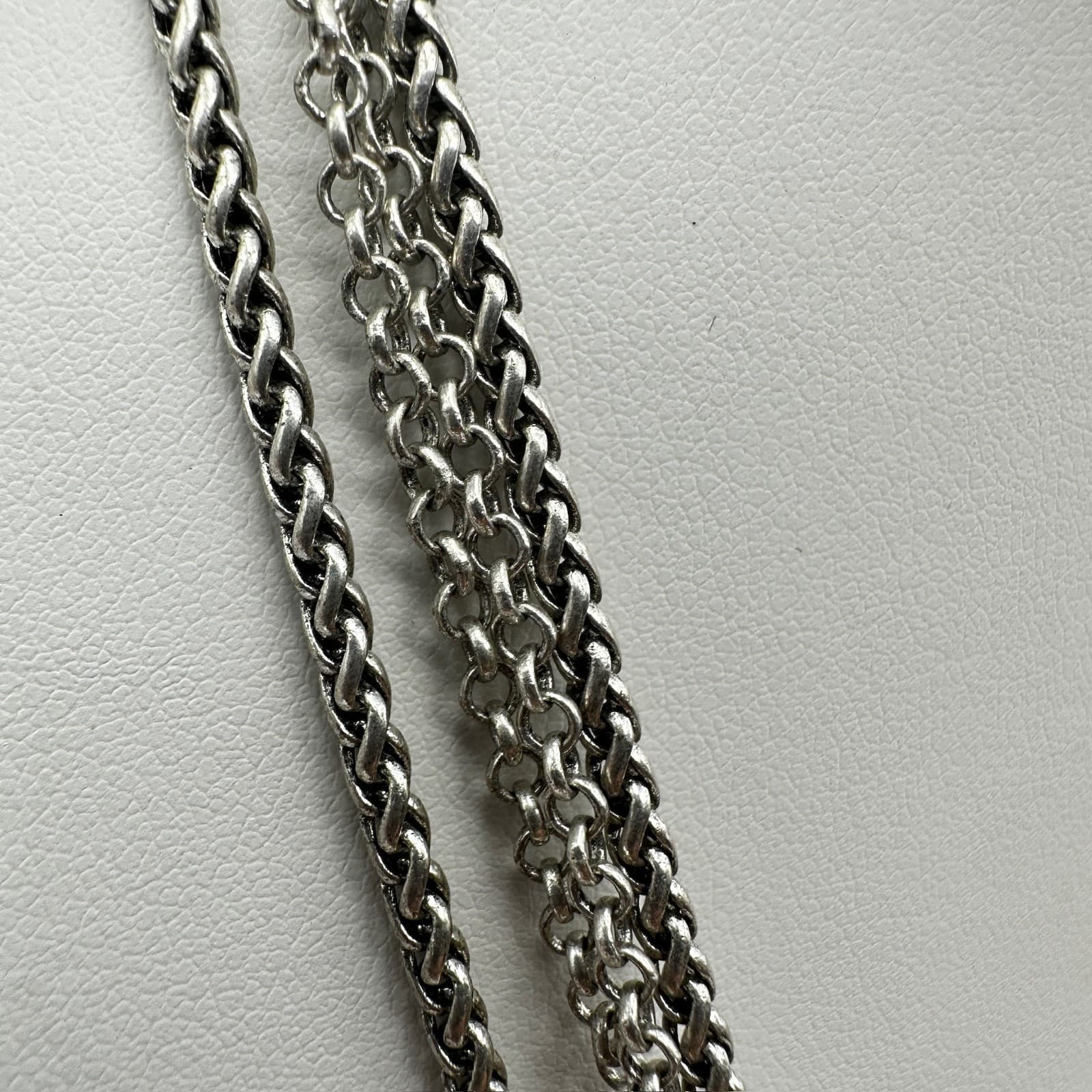 Vintage 90s Silver Tone Multi-Chain Faux Pearl Pendant Necklace Boho Statement - Thumbnail 8