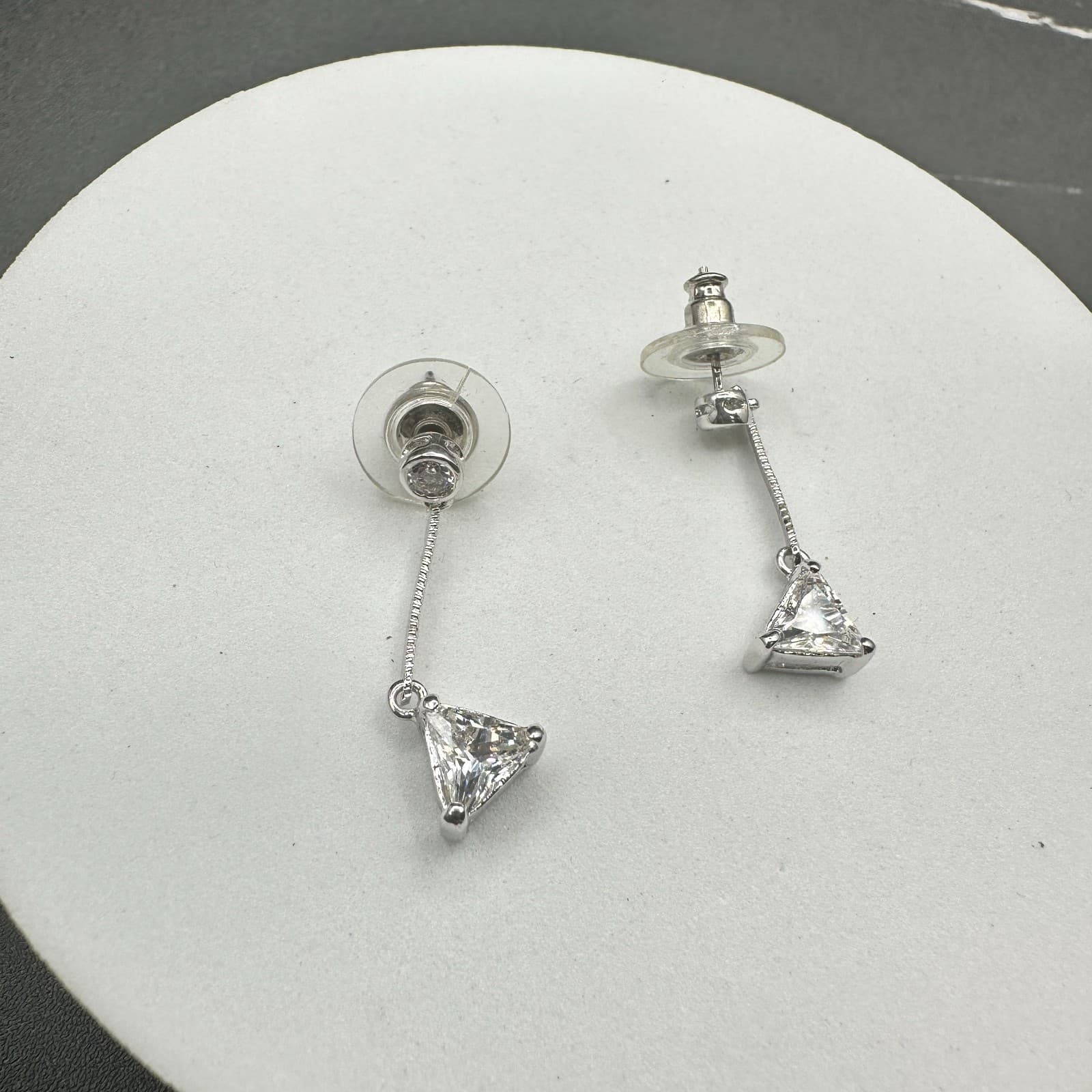 Vintage Silver Tone Drop Earrings Triangle Clear CZ Dangle Minimalist Elegant - Thumbnail 8
