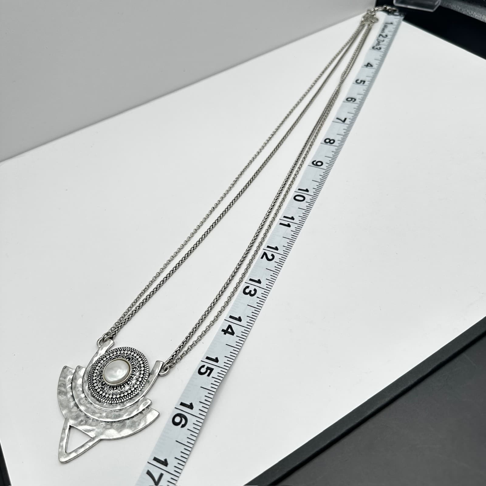 Vintage 90s Silver Tone Multi-Chain Faux Pearl Pendant Necklace Boho Statement - Thumbnail 10