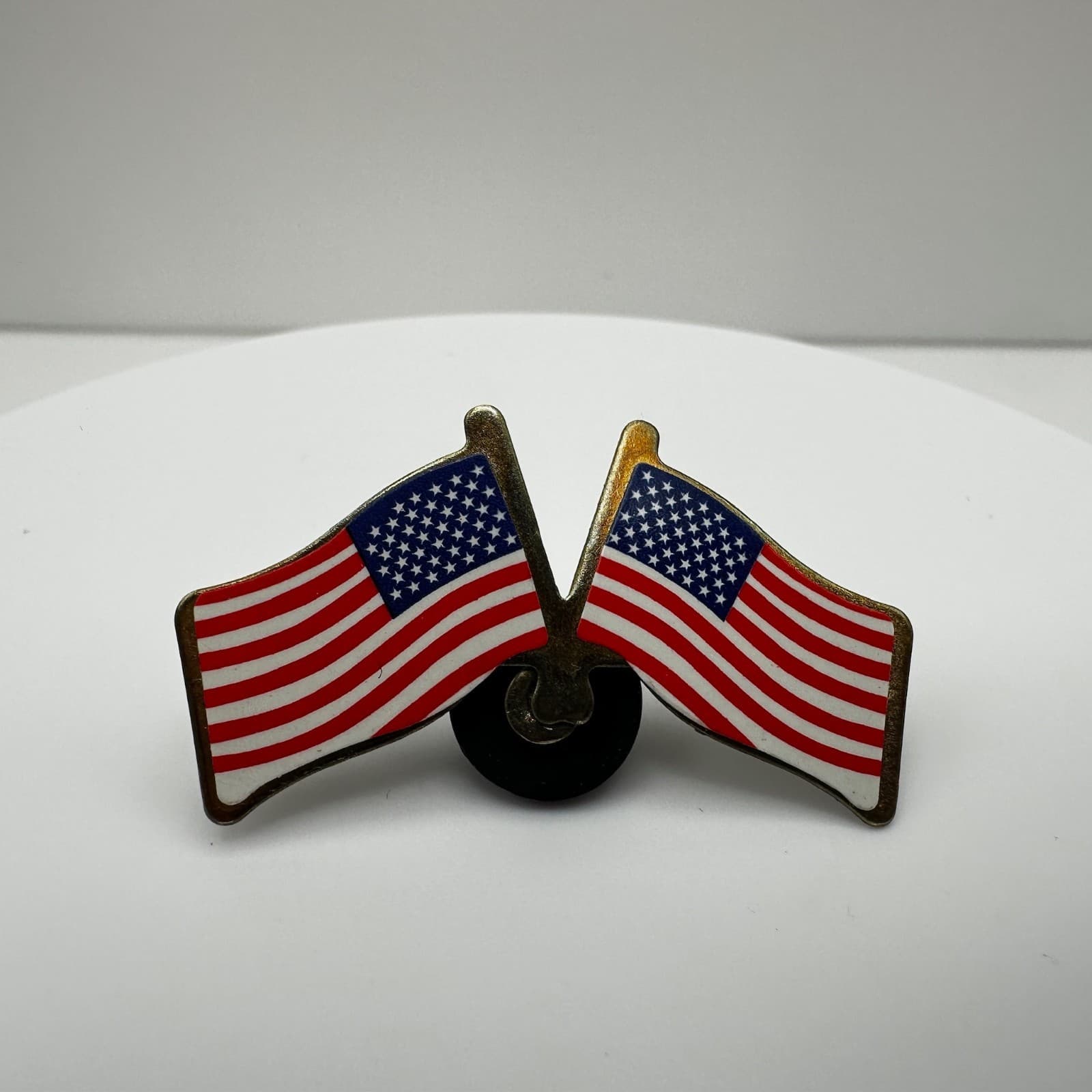 Vintage 90s Patriotic Brooch Pin Crossed Double American Flags Enamel Jewelry - Image 1