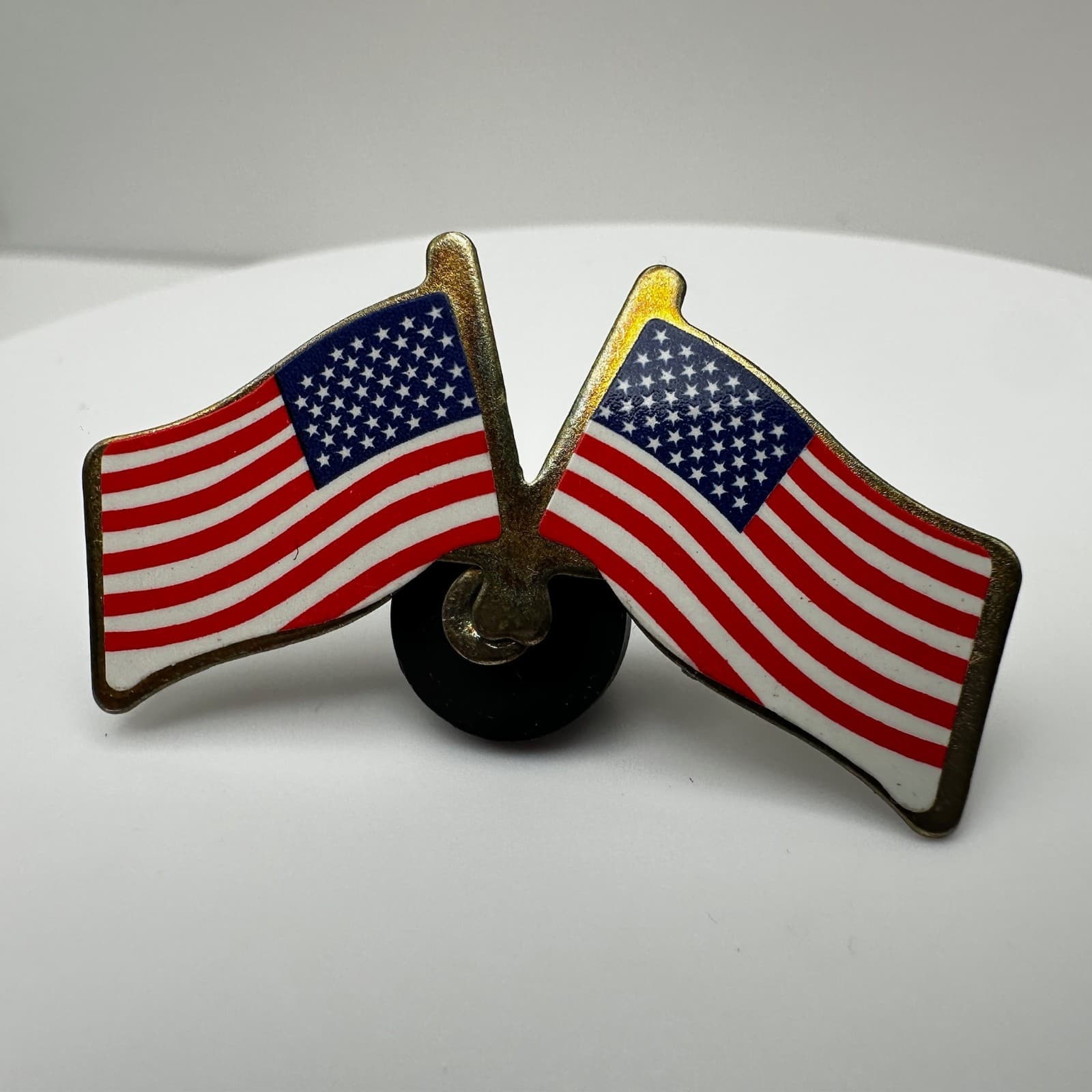 Vintage 90s Patriotic Brooch Pin Crossed Double American Flags Enamel Jewelry - Thumbnail 3