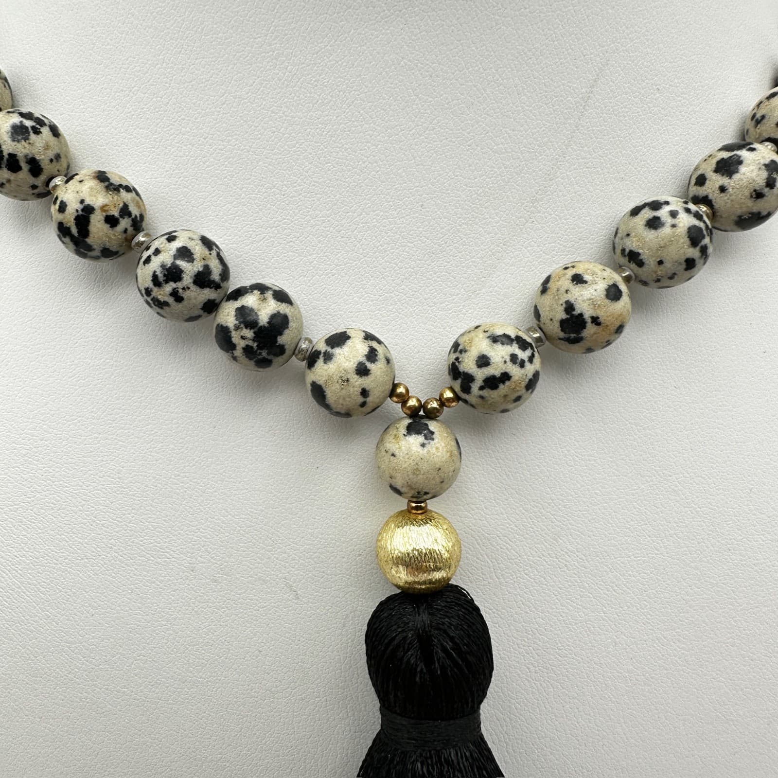Vintage 90s Love's Affect Dalmatian Jasper Black Tassel Necklace Women's Jewelry - Thumbnail 3