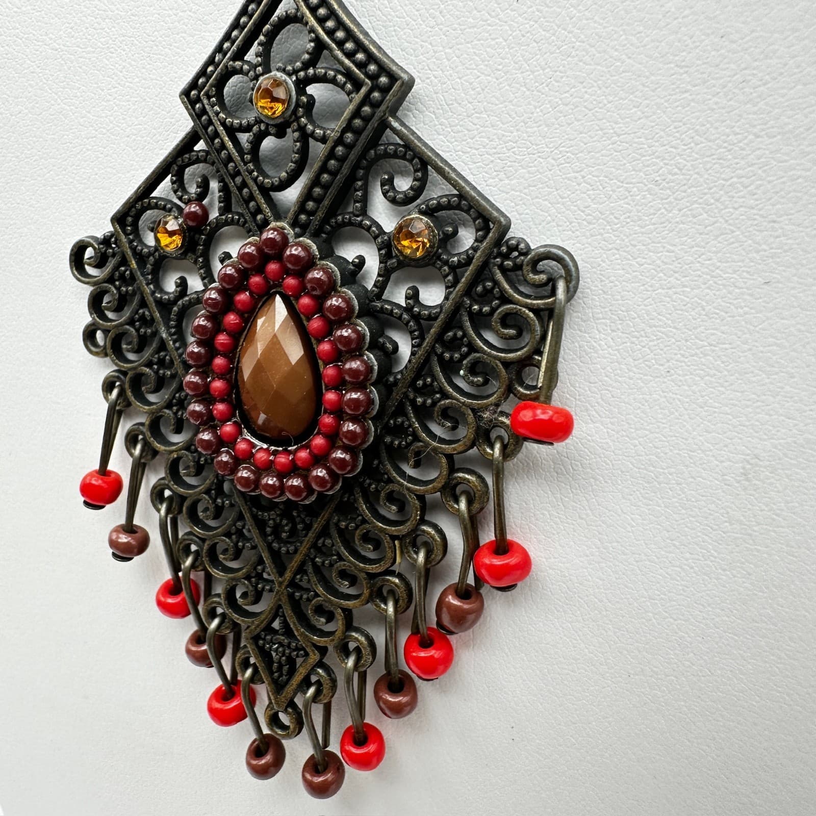 Vintage 90s Bronze Filigree Pendant Beads Necklace Rhinestone Women's Jewelry - Thumbnail 7