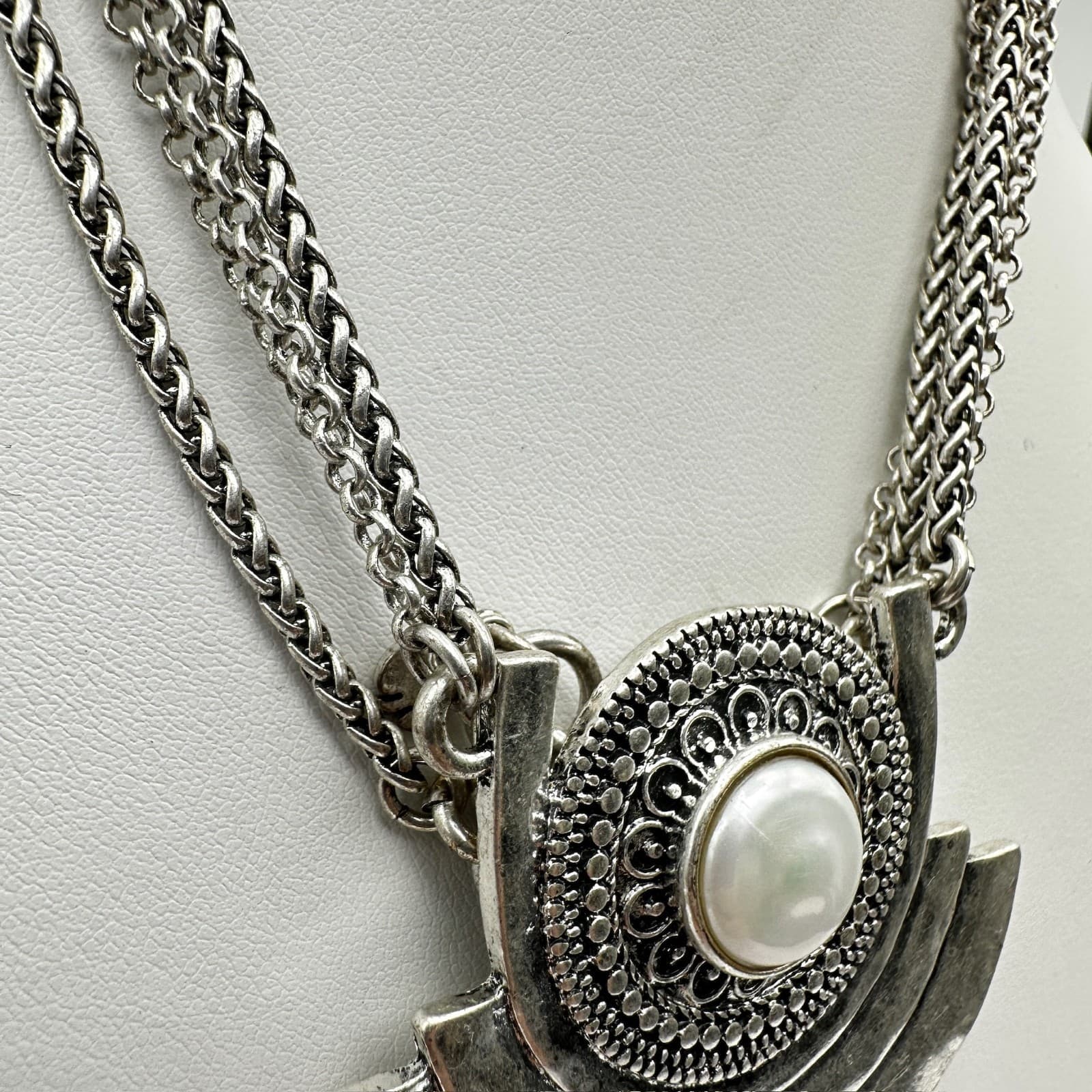 Vintage 90s Silver Tone Multi-Chain Faux Pearl Pendant Necklace Boho Statement - Thumbnail 7