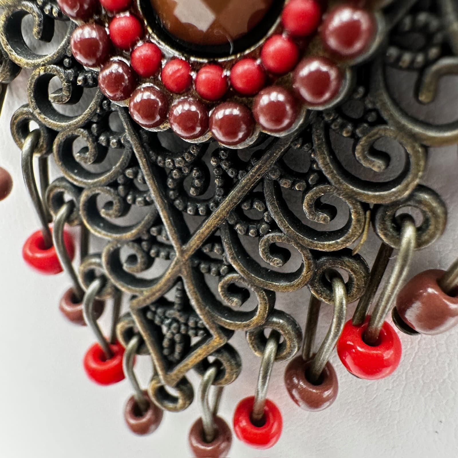 Vintage 90s Bronze Filigree Pendant Beads Necklace Rhinestone Women's Jewelry - Thumbnail 9