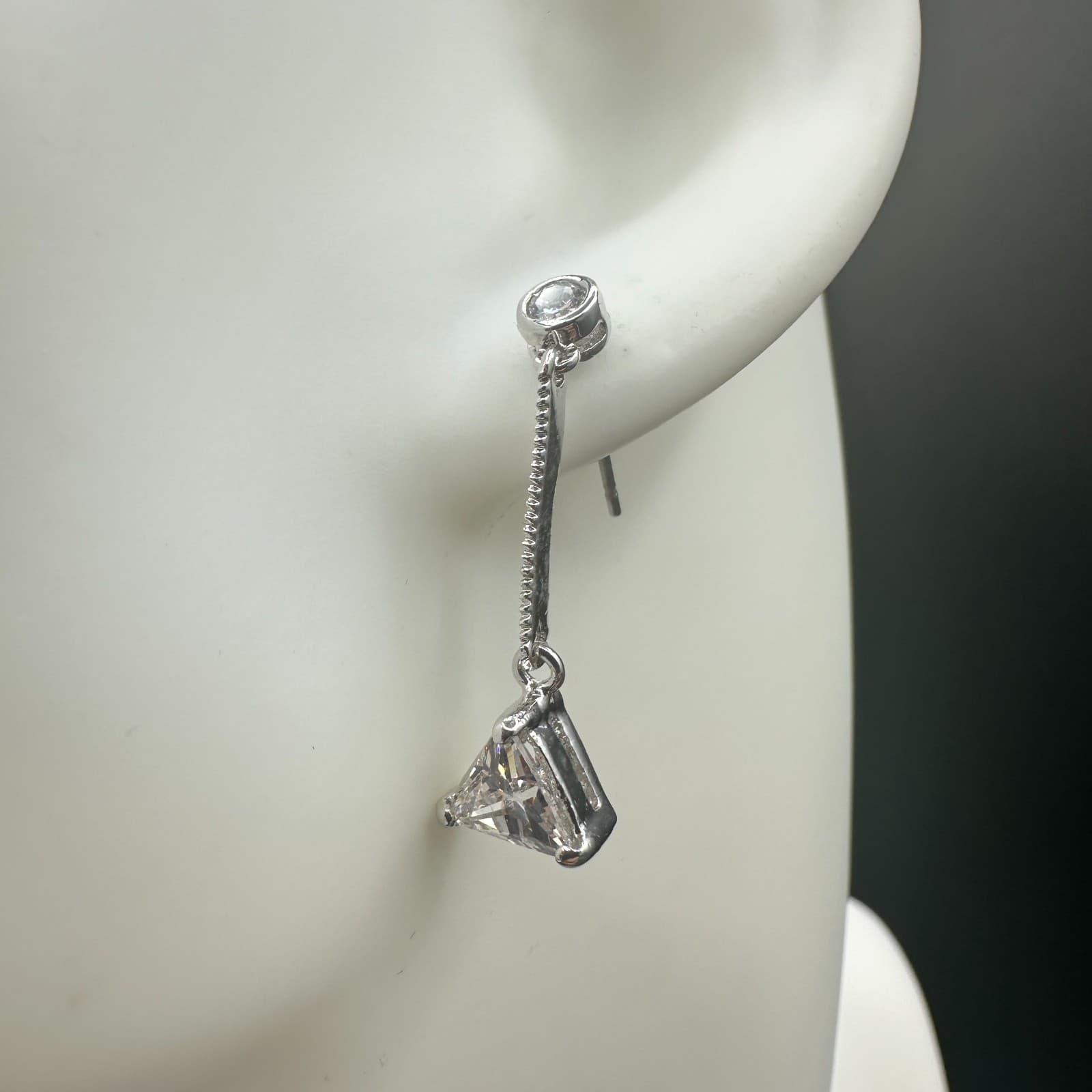 Vintage Silver Tone Drop Earrings Triangle Clear CZ Dangle Minimalist Elegant - Image 1
