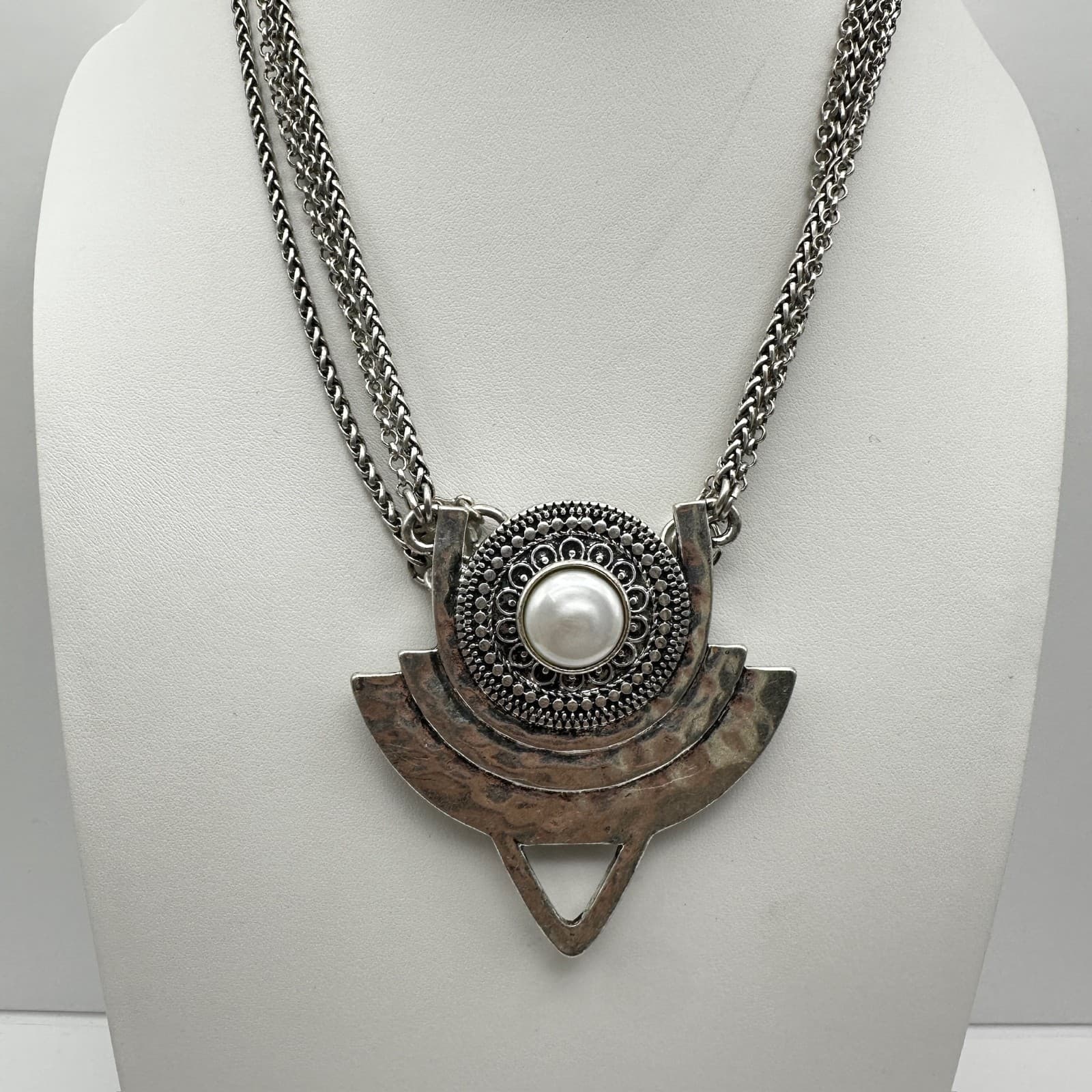 Vintage 90s Silver Tone Multi-Chain Faux Pearl Pendant Necklace Boho Statement - Image 1