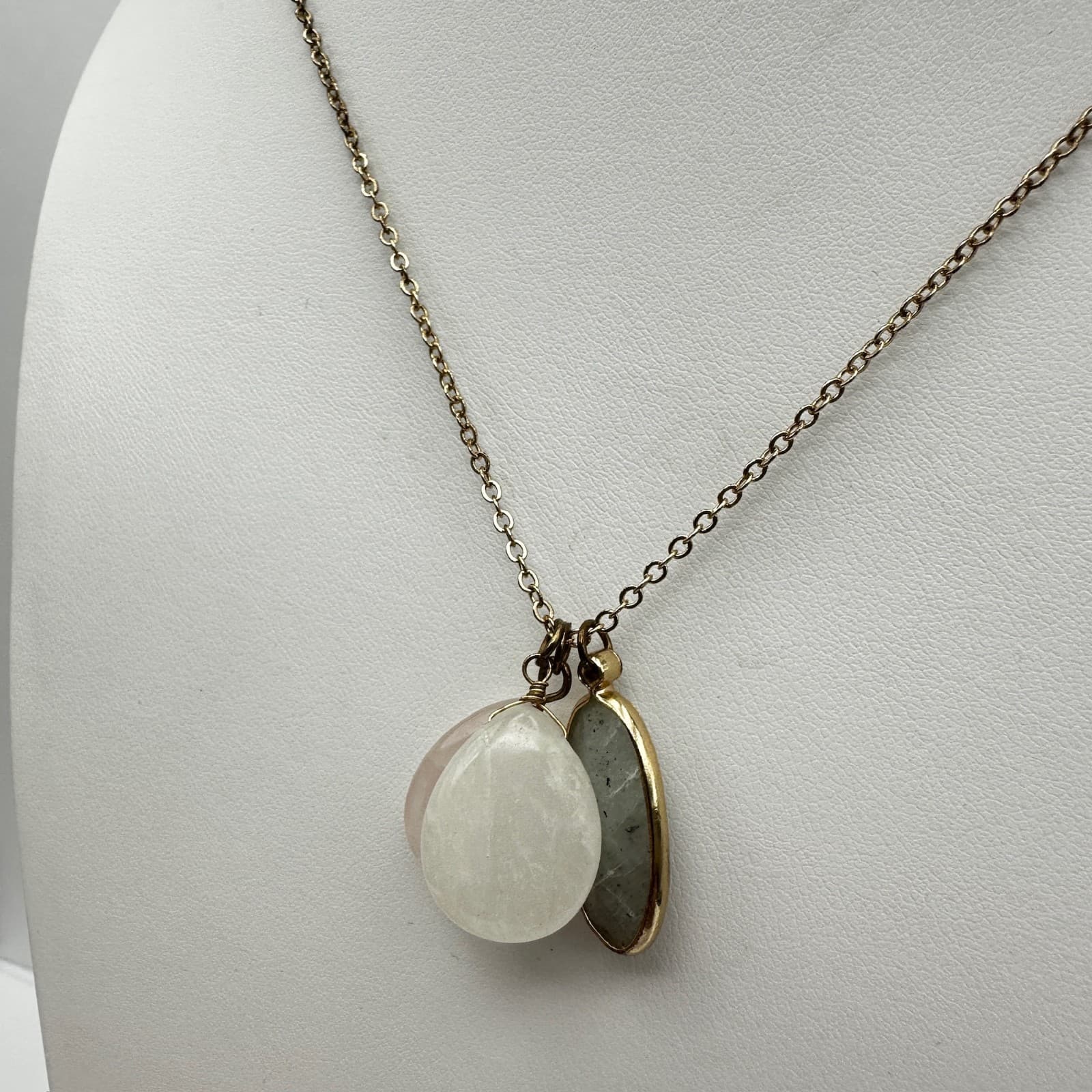 Vintage 90s Multi-Stone Lobster Pendant Necklace Rose Quartz Clear Moonstone - Thumbnail 5