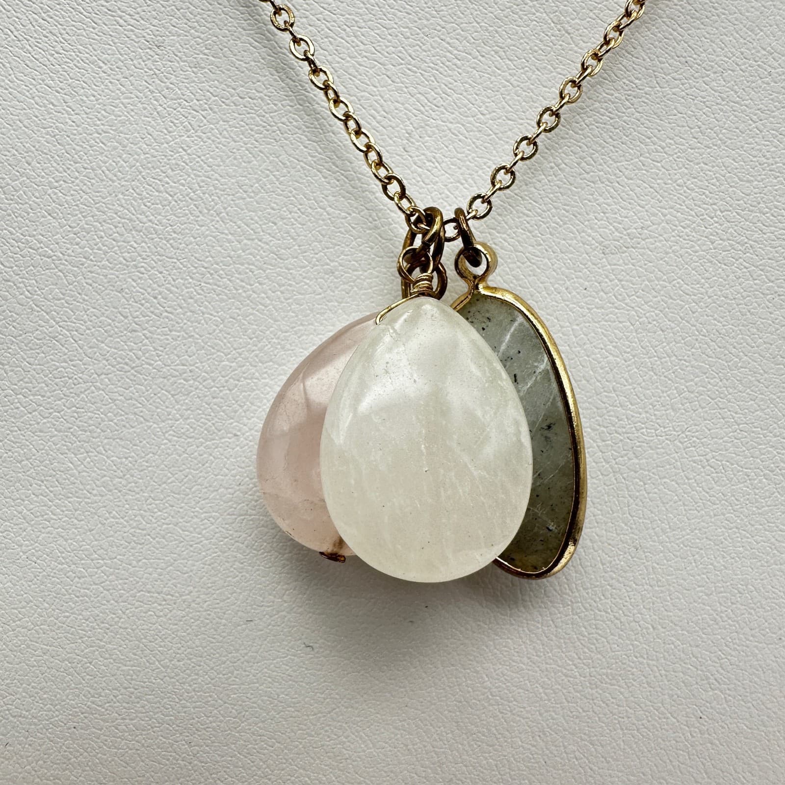 Vintage 90s Multi-Stone Lobster Pendant Necklace Rose Quartz Clear Moonstone - Image 1