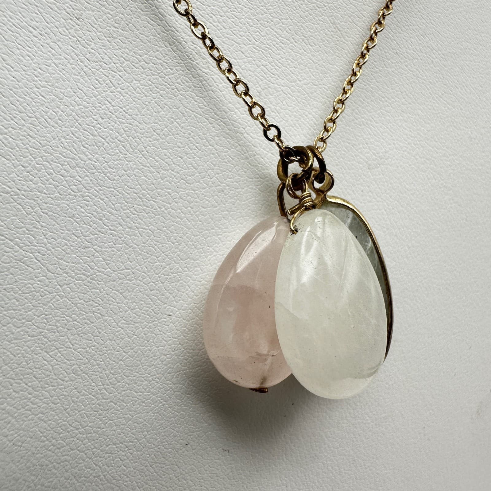Vintage 90s Multi-Stone Lobster Pendant Necklace Rose Quartz Clear Moonstone - Thumbnail 3