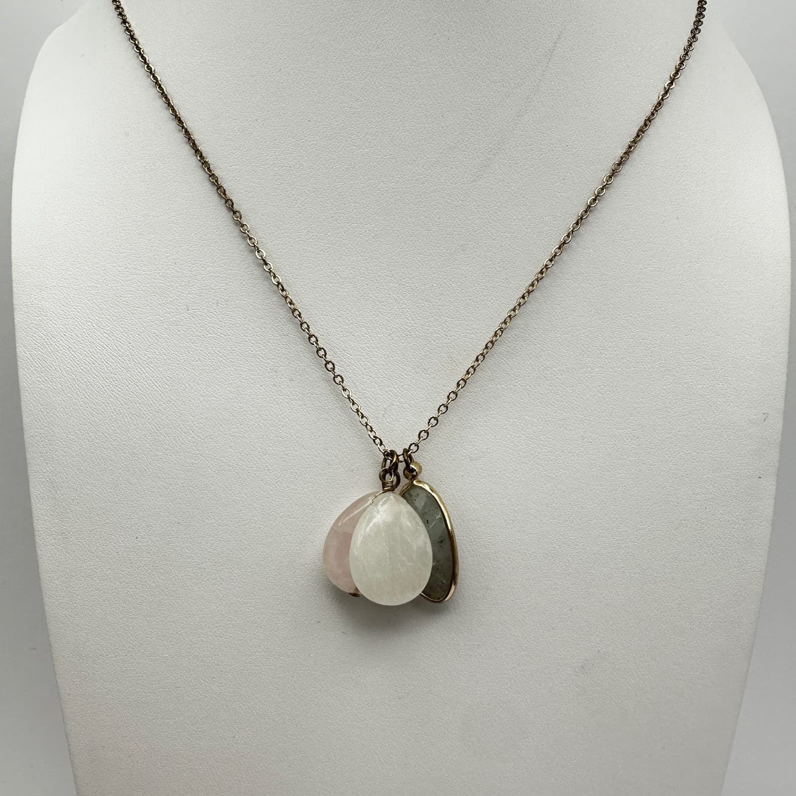 Vintage 90s Multi-Stone Lobster Pendant Necklace Rose Quartz Clear Moonstone - Thumbnail 2