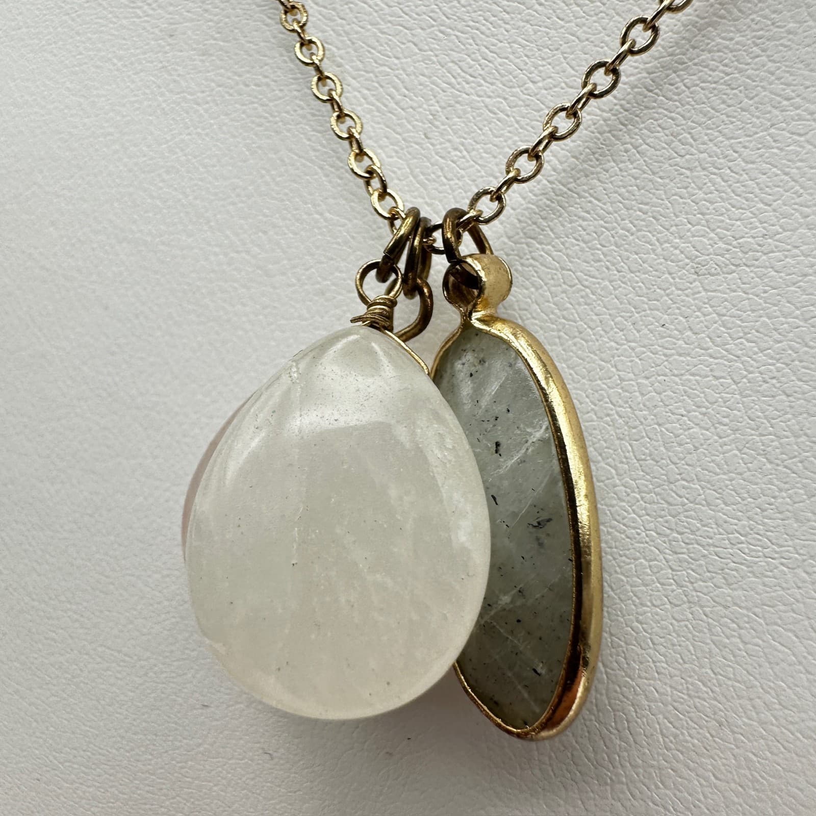 Vintage 90s Multi-Stone Lobster Pendant Necklace Rose Quartz Clear Moonstone - Thumbnail 8