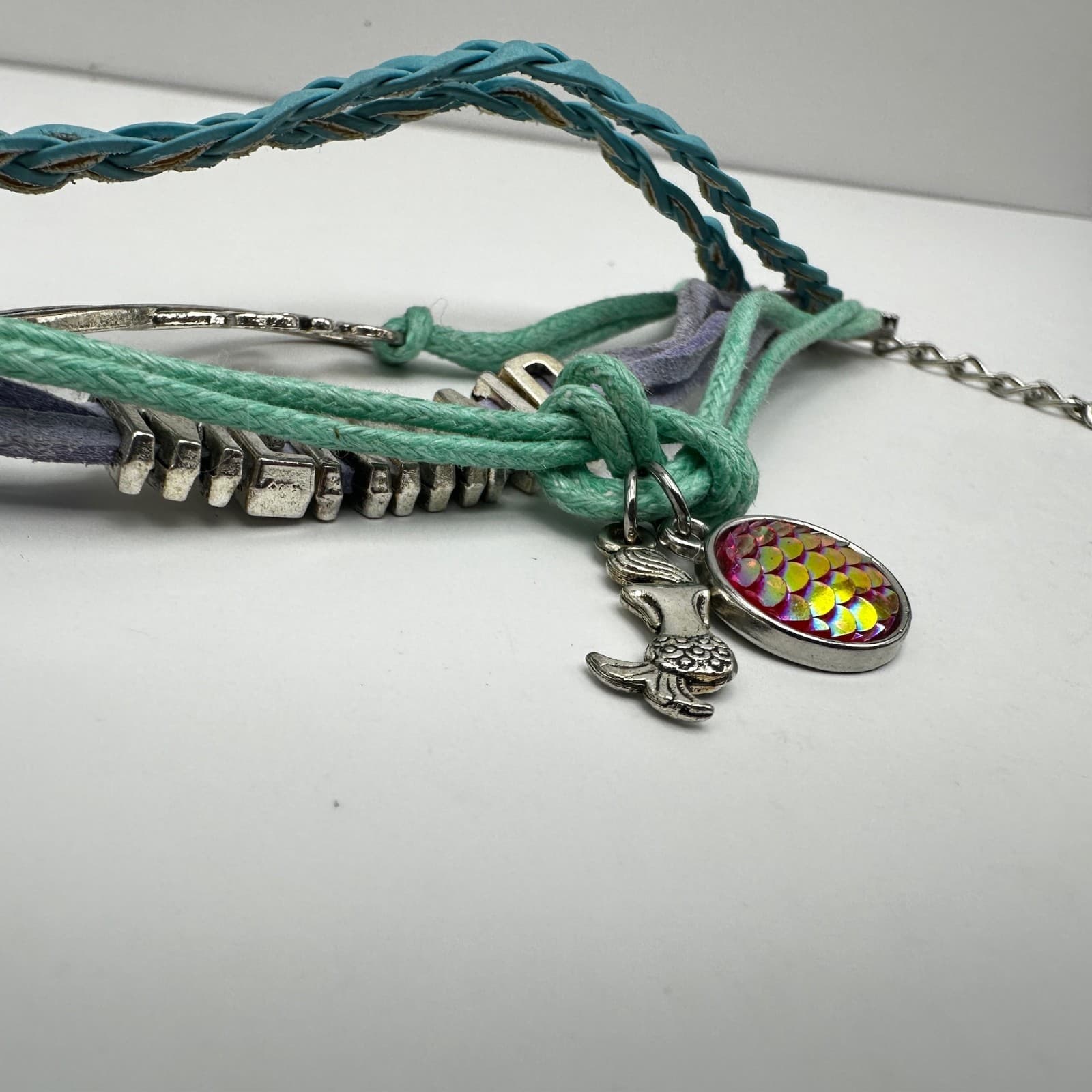 Vintage 90s Mermaid Multi-strand Bracelet Teal Purple Silver Tone Love Infinity - Thumbnail 6