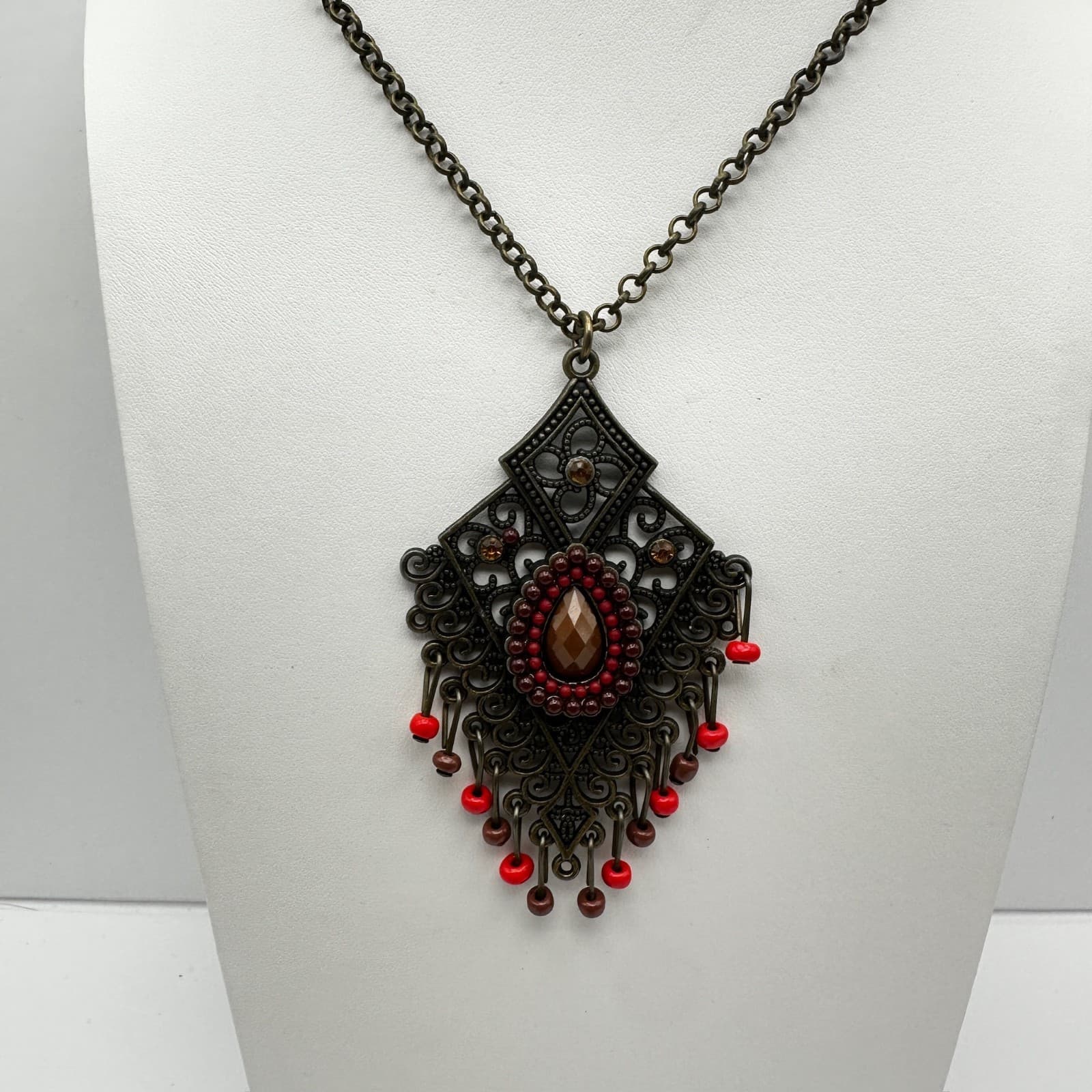 Vintage 90s Bronze Filigree Pendant Beads Necklace Rhinestone Women's Jewelry - Thumbnail 3