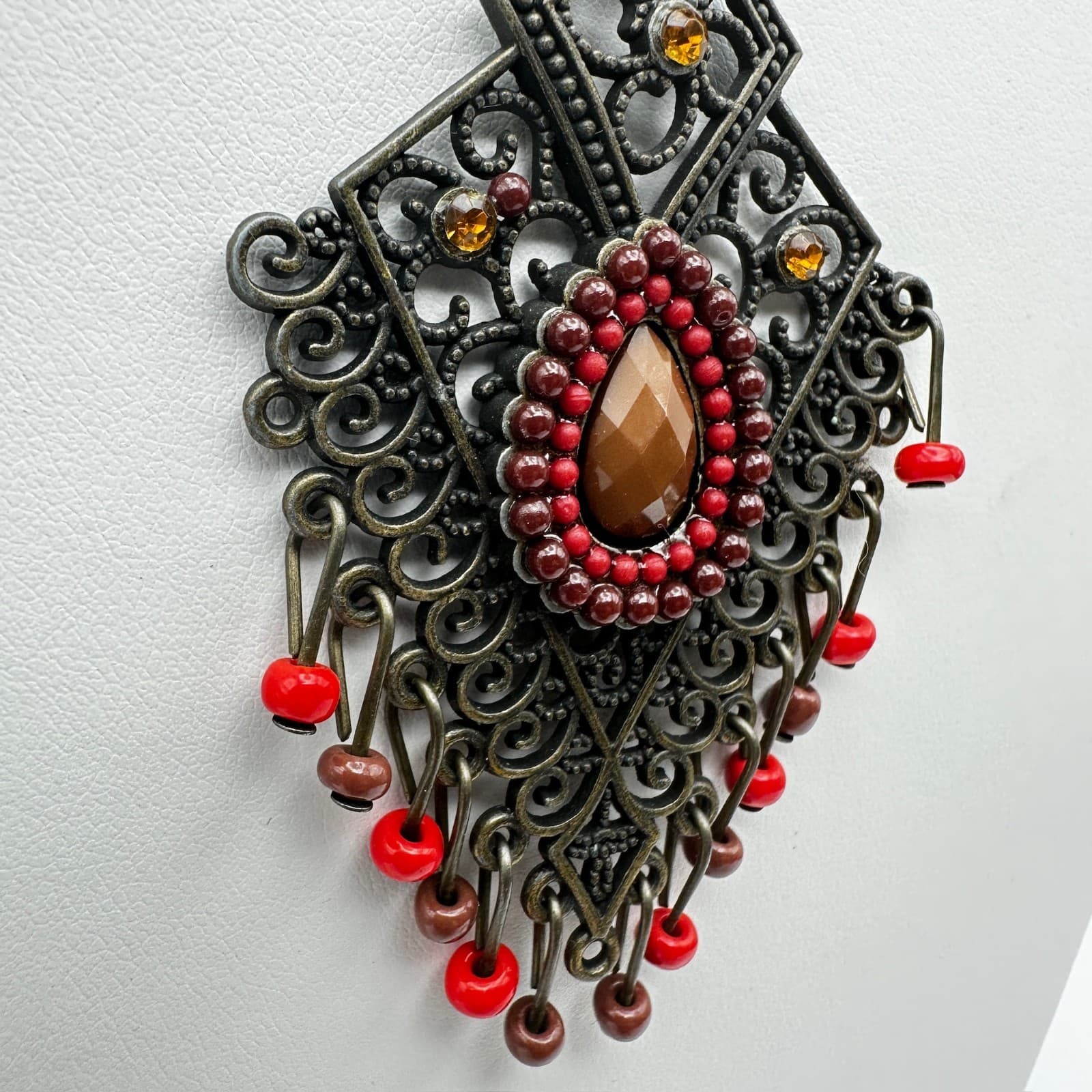 Vintage 90s Bronze Filigree Pendant Beads Necklace Rhinestone Women's Jewelry - Thumbnail 6