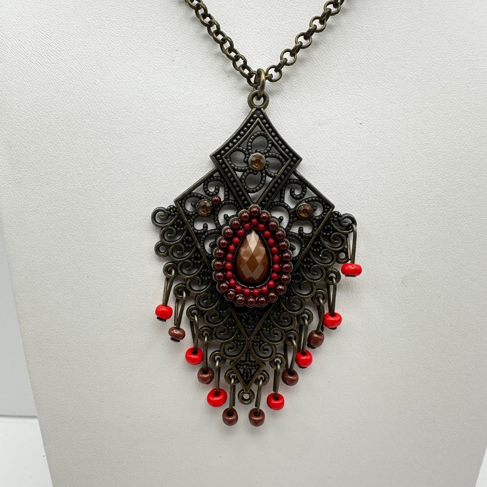 Vintage 90s Bronze Filigree Pendant Beads Necklace Rhinestone Women's Jewelry - Thumbnail 2