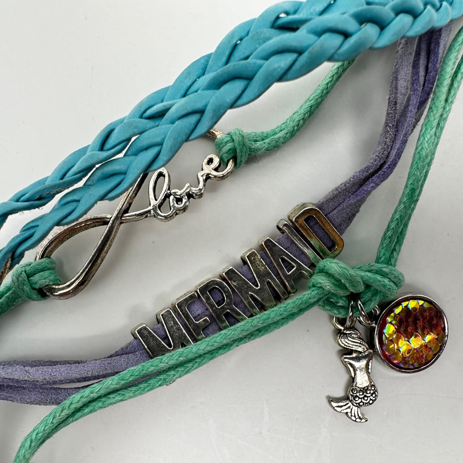 Vintage 90s Mermaid Multi-strand Bracelet Teal Purple Silver Tone Love Infinity - Thumbnail 10