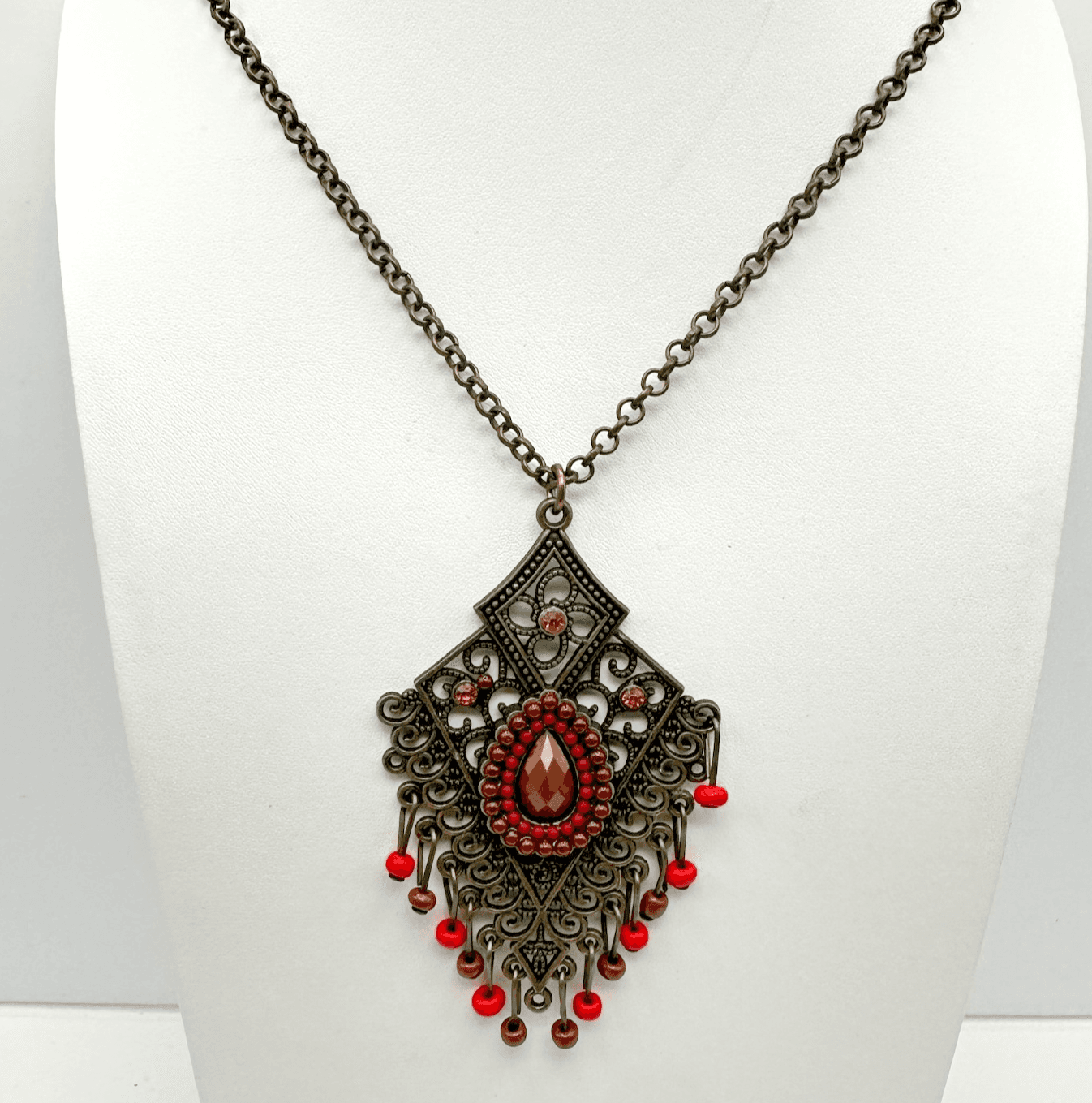 Vintage 90s Bronze Filigree Pendant Beads Necklace Rhinestone Women's Jewelry - Image 1