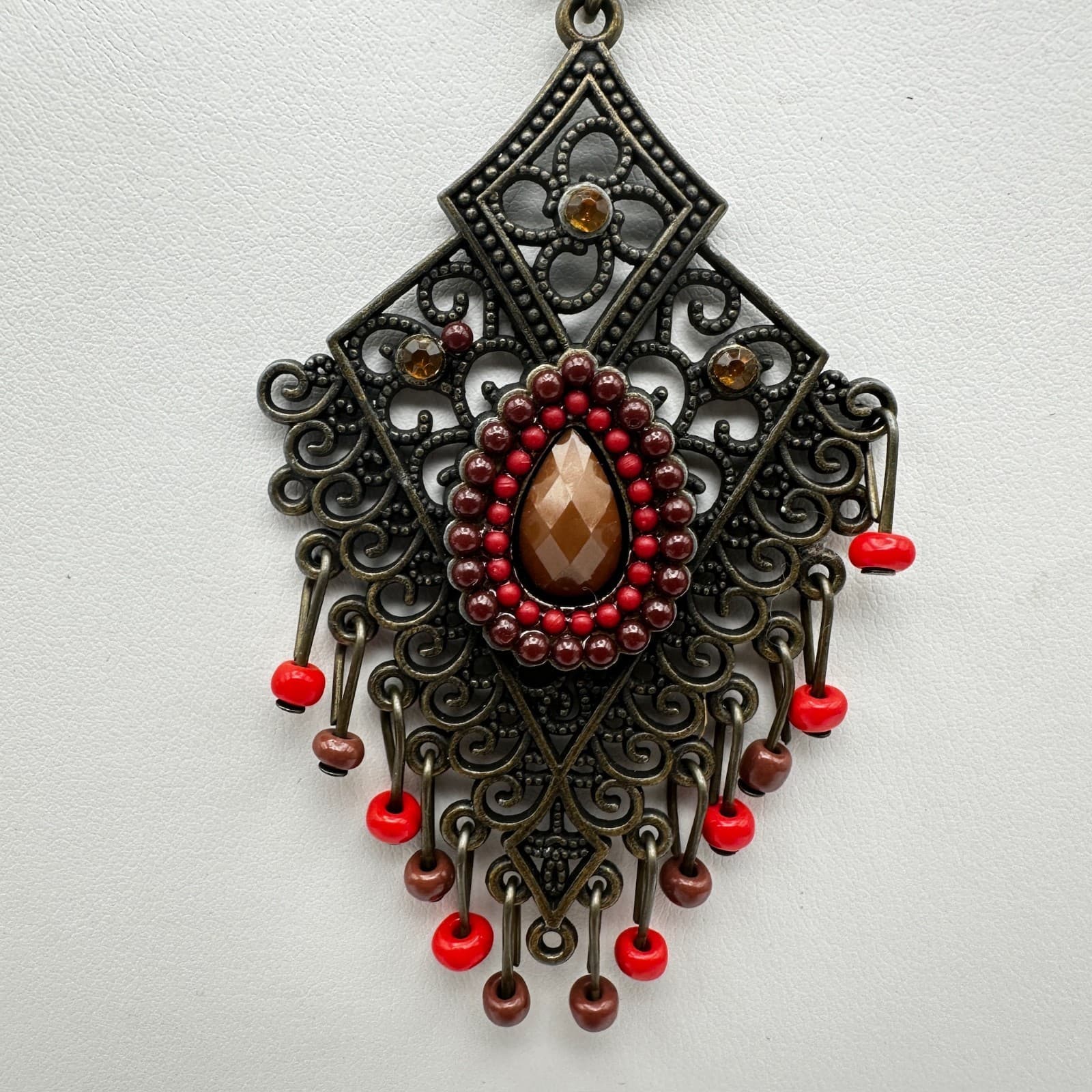 Vintage 90s Bronze Filigree Pendant Beads Necklace Rhinestone Women's Jewelry - Thumbnail 4