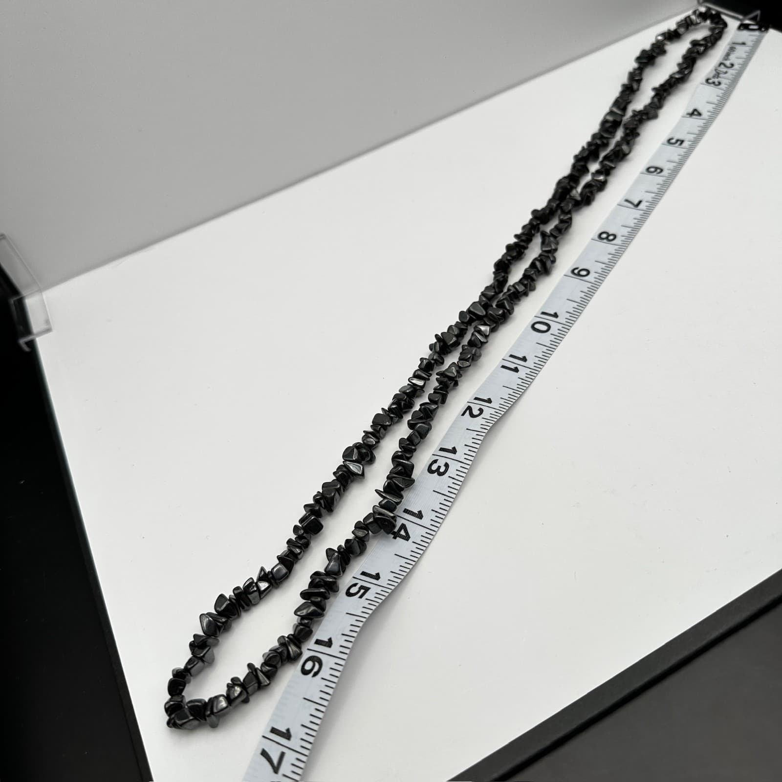 Vintage 80s Hematite Chip Stone Necklace Black Beaded Multi-Strand Boho Jewelry - Thumbnail 9