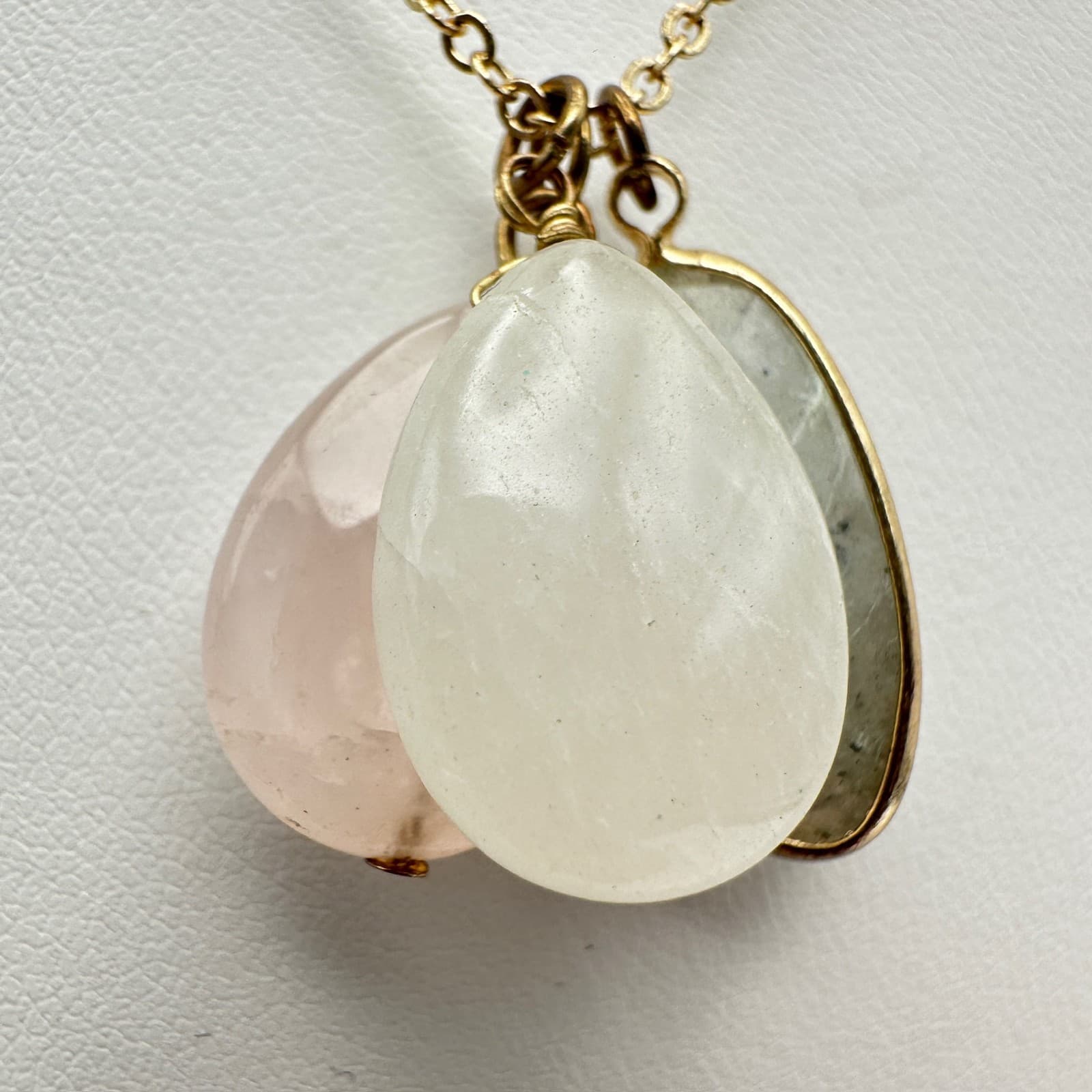 Vintage 90s Multi-Stone Lobster Pendant Necklace Rose Quartz Clear Moonstone - Thumbnail 6