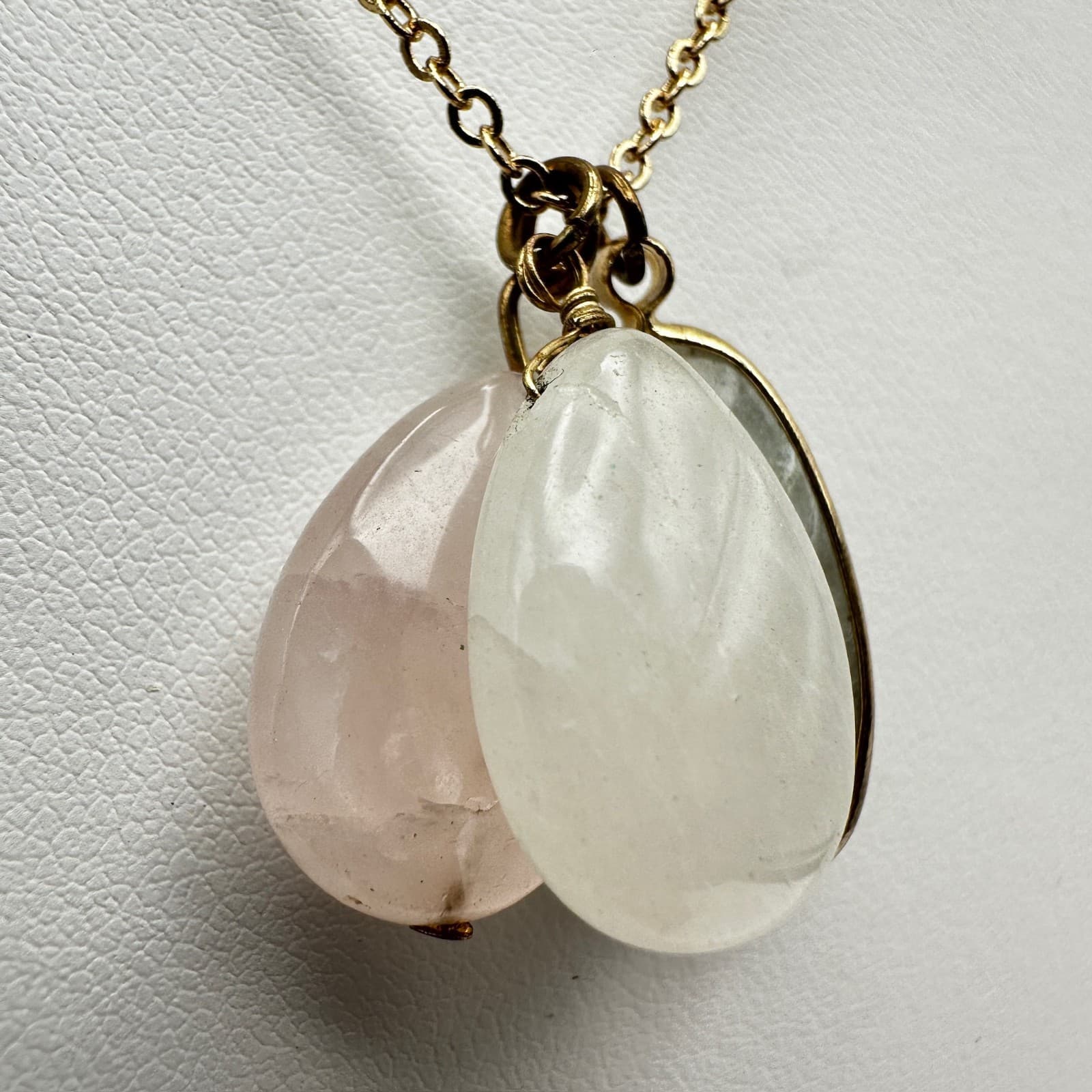 Vintage 90s Multi-Stone Lobster Pendant Necklace Rose Quartz Clear Moonstone - Thumbnail 7