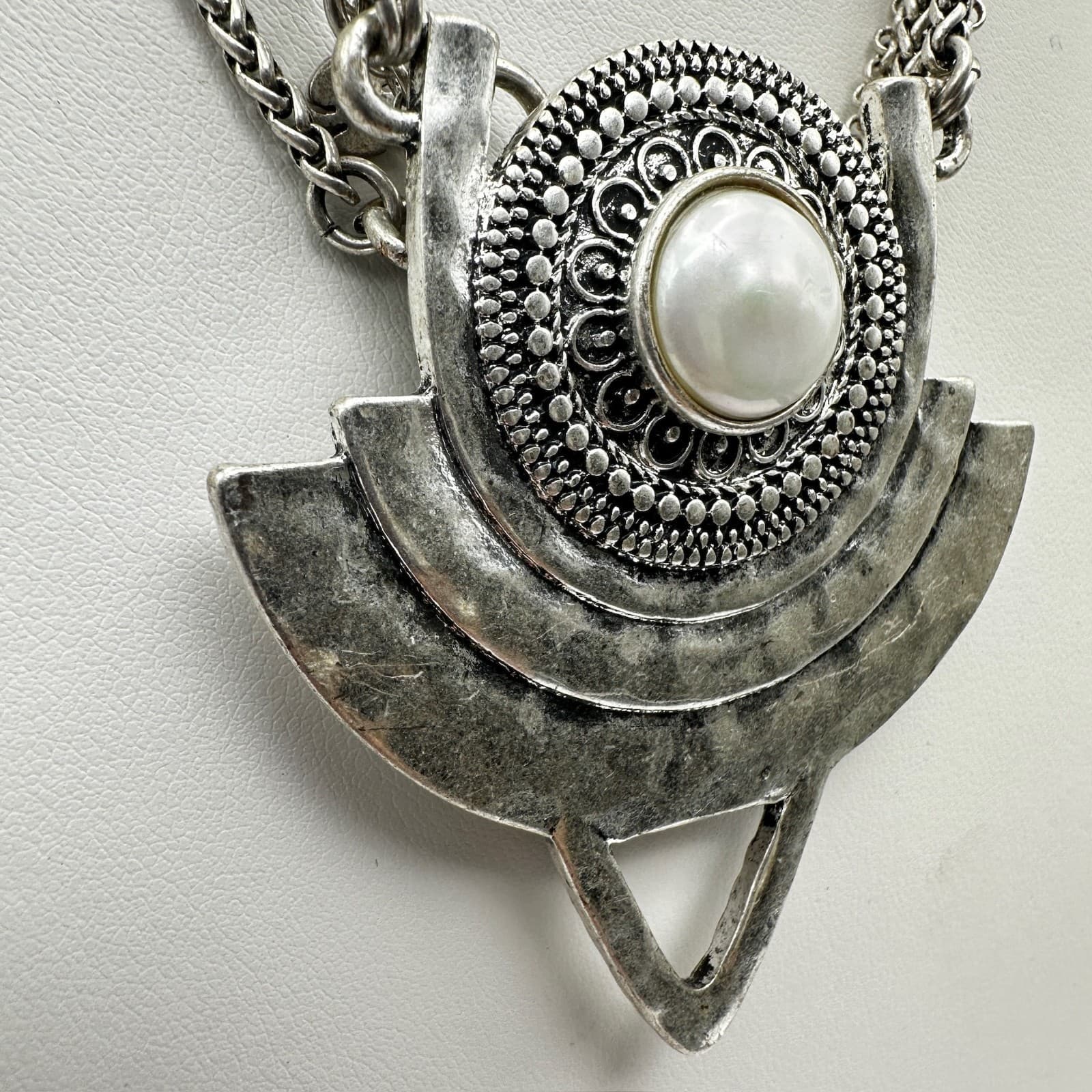 Vintage 90s Silver Tone Multi-Chain Faux Pearl Pendant Necklace Boho Statement - Thumbnail 6
