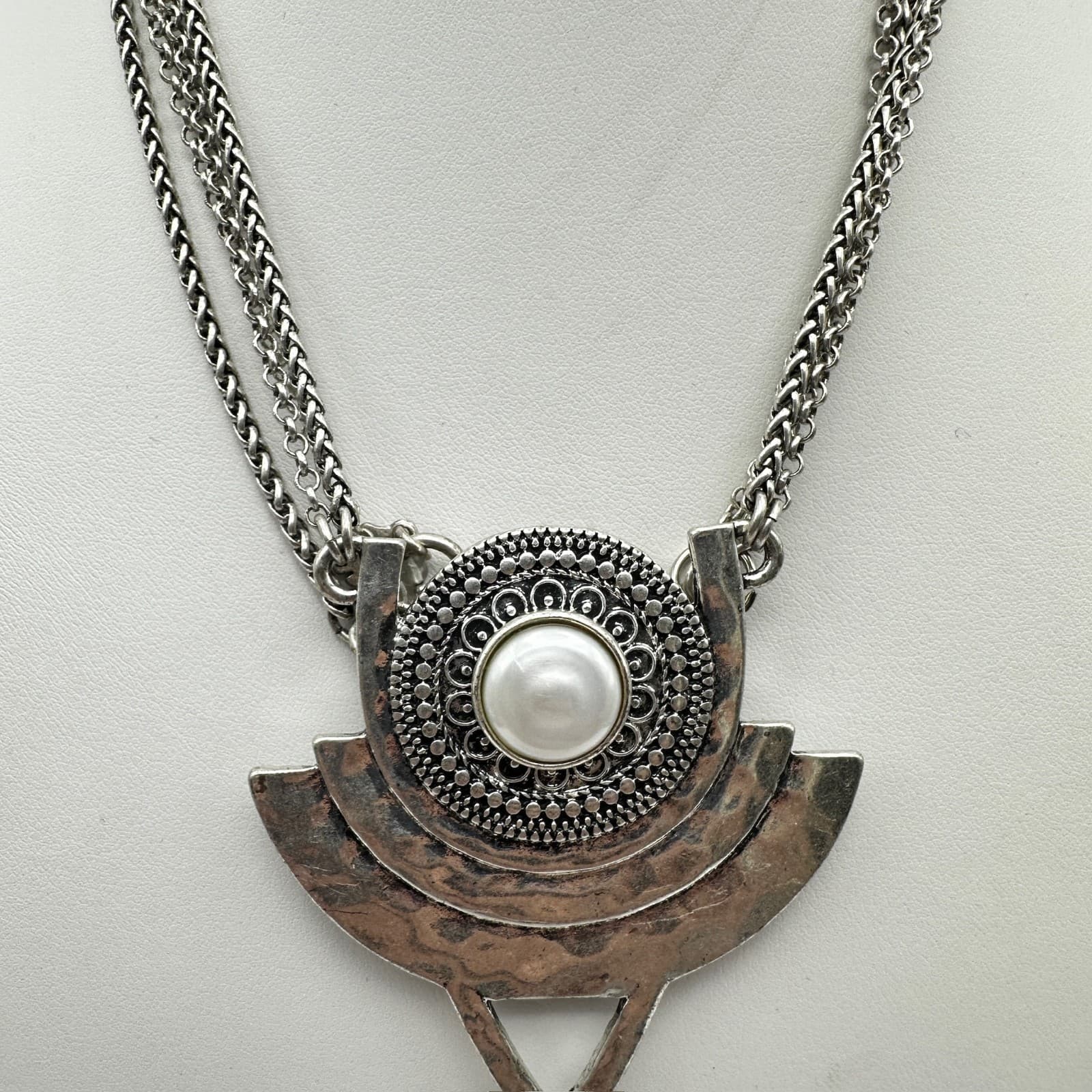 Vintage 90s Silver Tone Multi-Chain Faux Pearl Pendant Necklace Boho Statement - Thumbnail 5