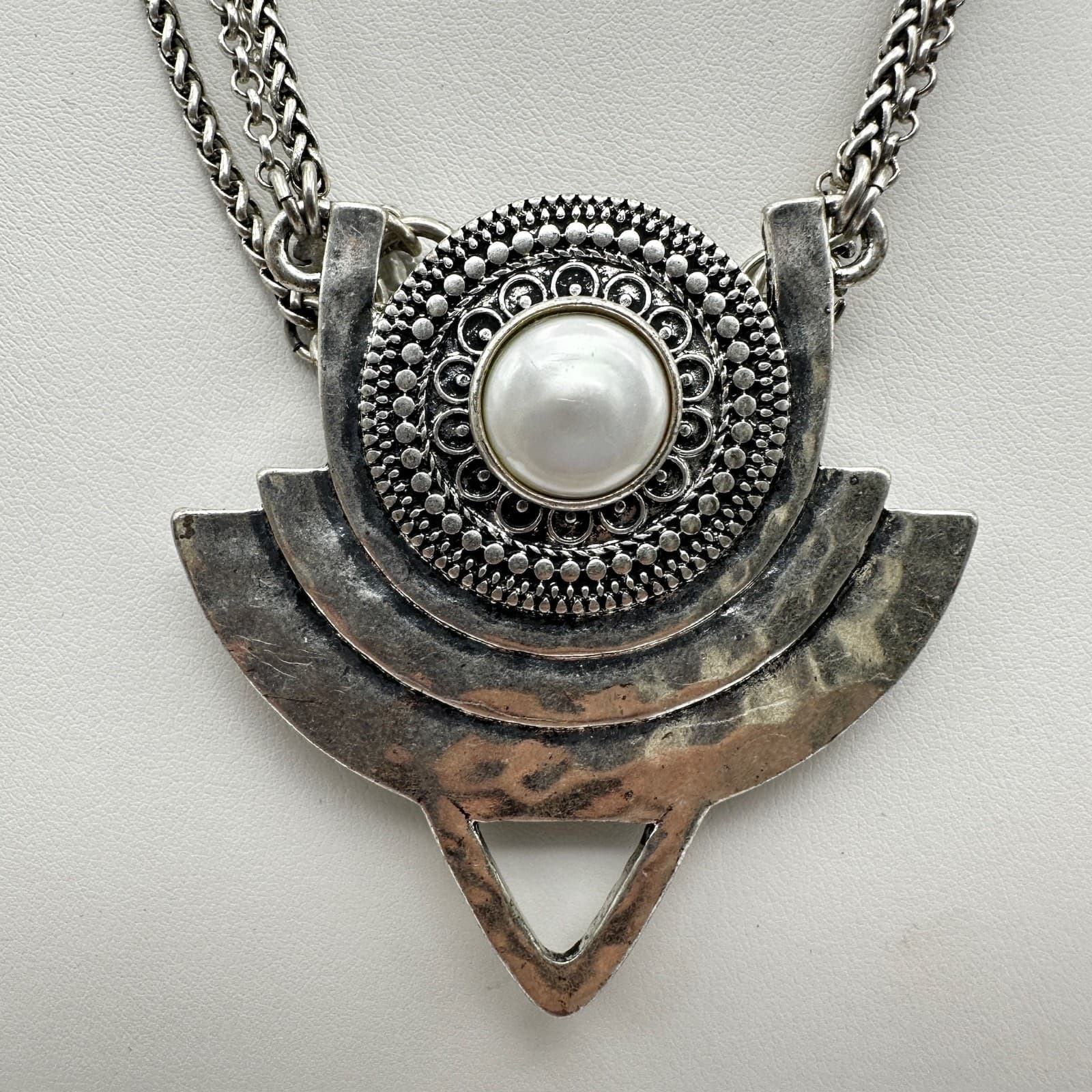 Vintage 90s Silver Tone Multi-Chain Faux Pearl Pendant Necklace Boho Statement - Thumbnail 2