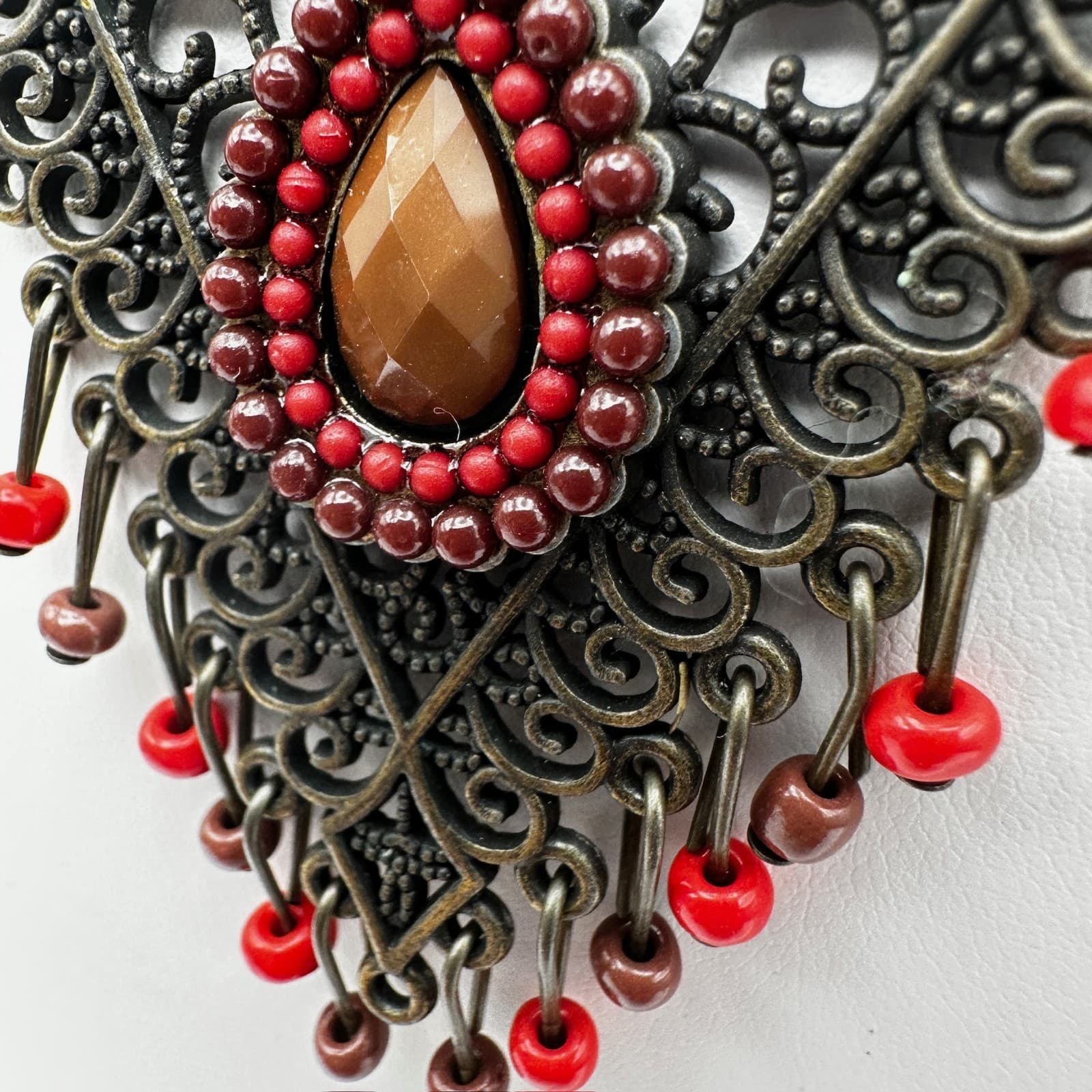 Vintage 90s Bronze Filigree Pendant Beads Necklace Rhinestone Women's Jewelry - Thumbnail 8