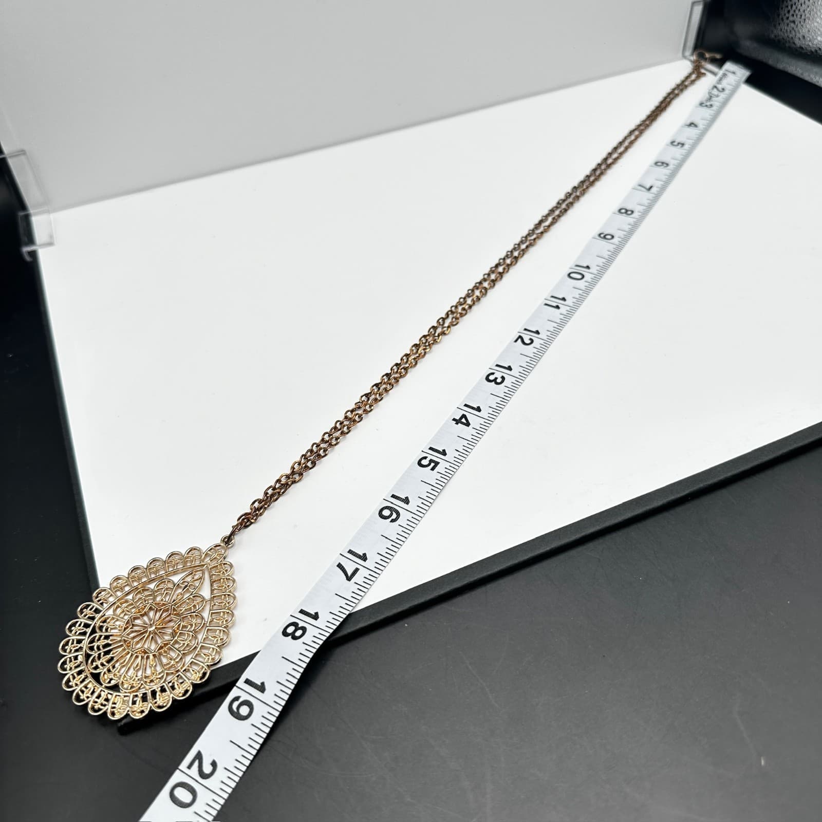 Vintage Gold Tone Filigree Teardrop Pendant Necklace Lobster Clasp Boho Jewelry - Thumbnail 12